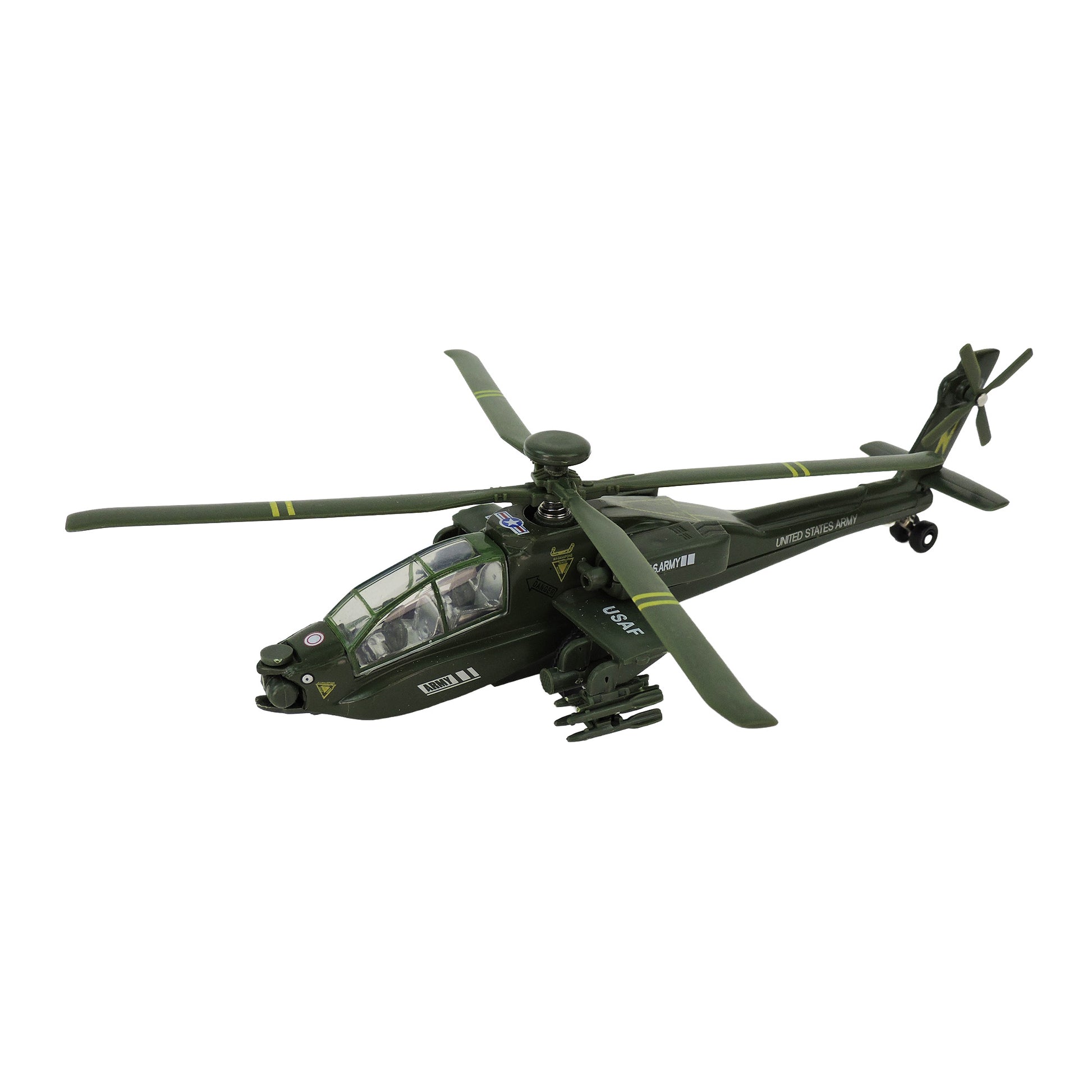 The Toysmith Diecast X-Force Command Helicopter is a green military toy copter with twin rotors, side-mounted missile launchers, and yellow markings on the tail and rotor blades, shown from a slight angle above.