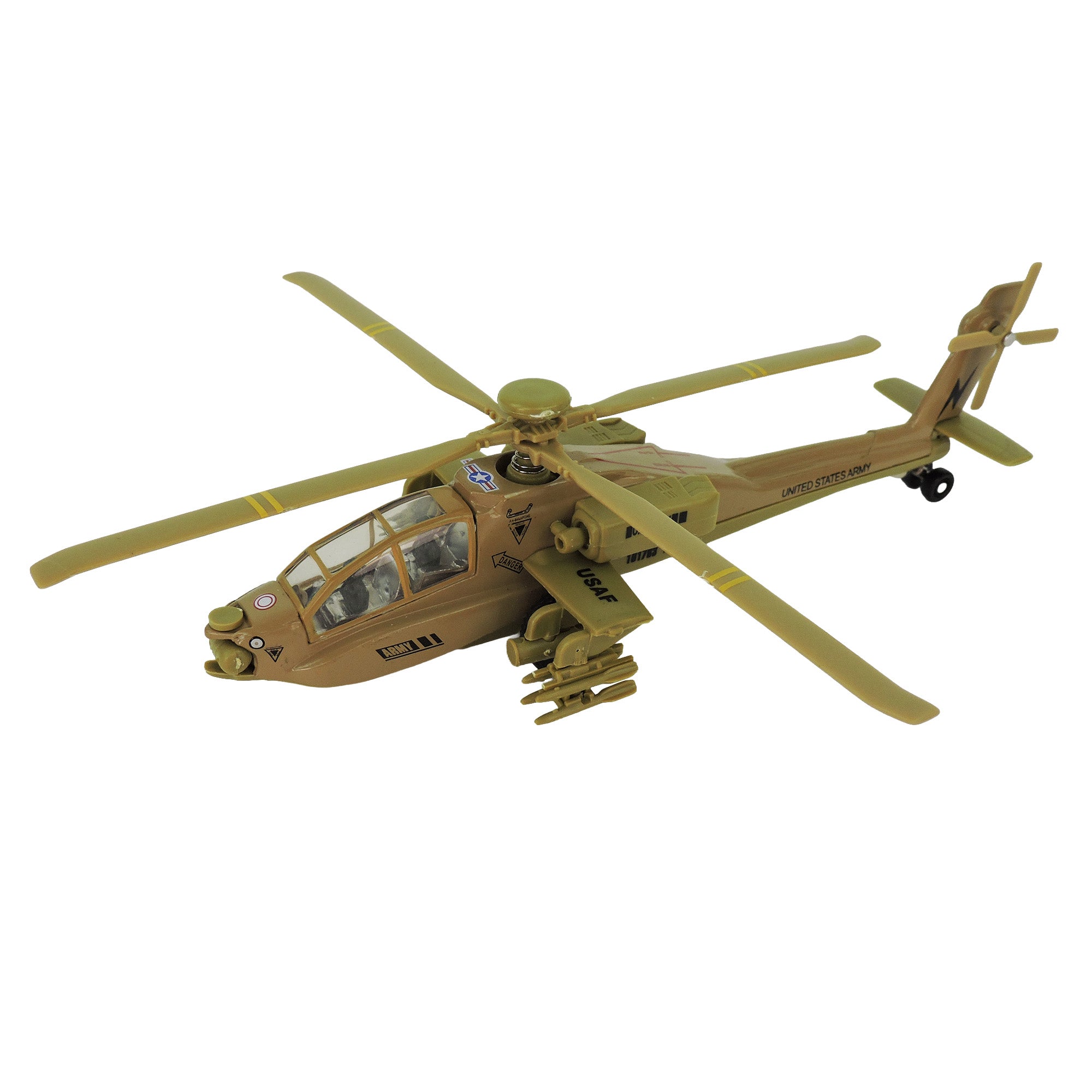The Toysmith Diecast X-Force Comand Helicopter by Toysmith is a tan military toy with green rotor blades, side weapons, and detailed decals, shown at an angle against a white background.