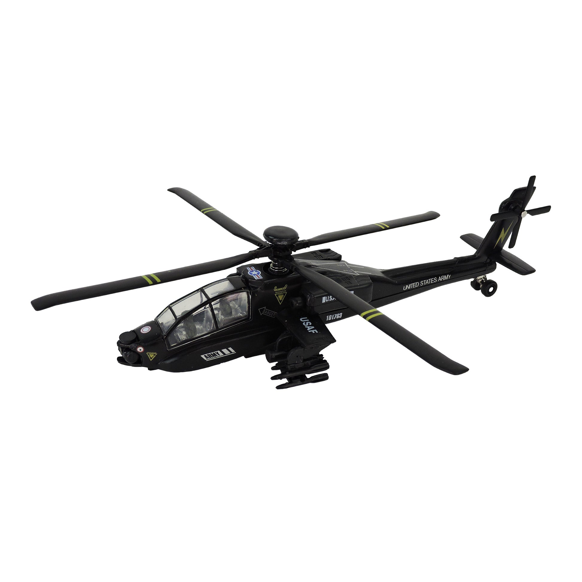 The Toysmith Diecast X-Force Command Helicopter by Toysmith is a black toy chopper with yellow and white markings, detailed features, and missile launchers, displayed against a plain white background.