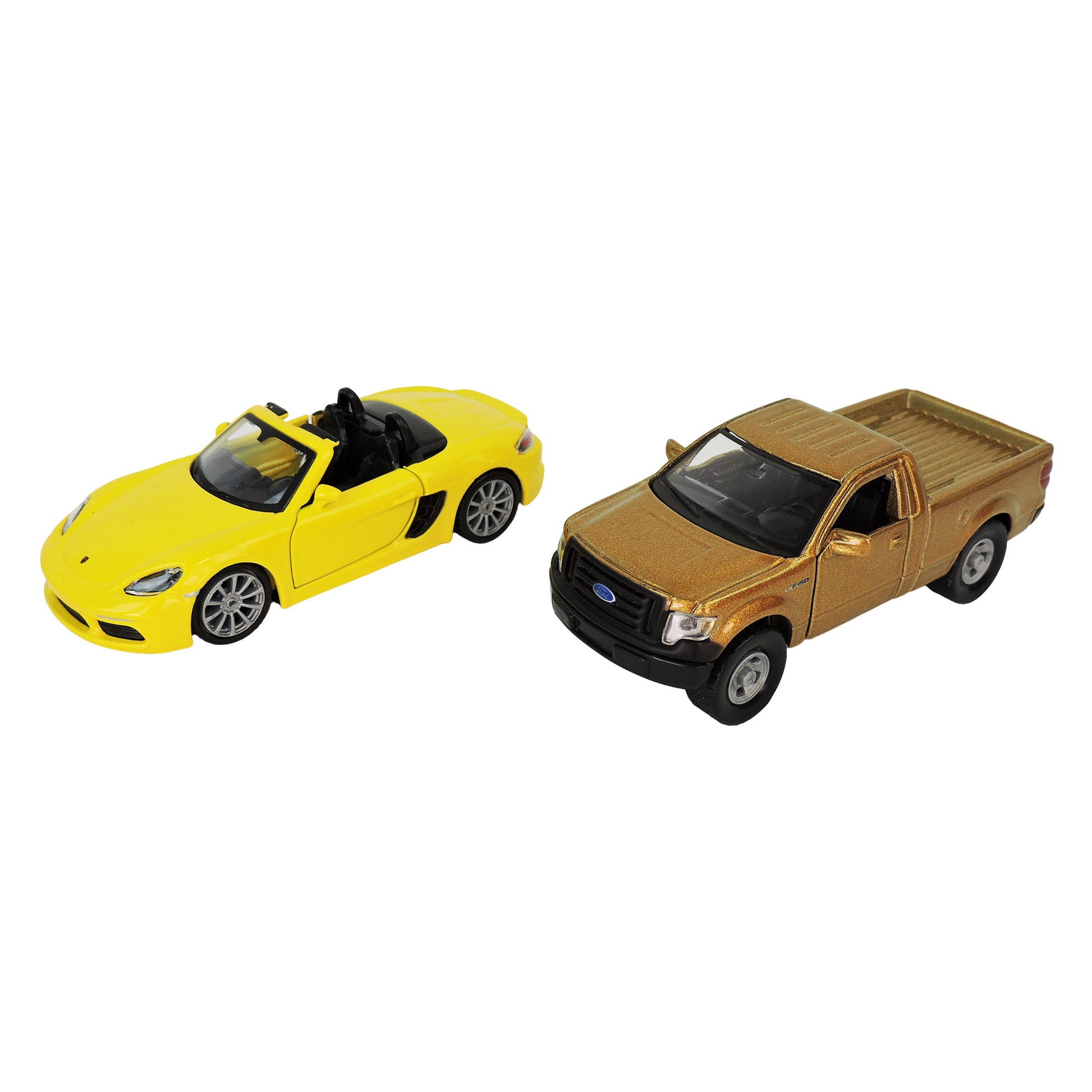 Two Rollin’ Toysmith Diecast Power Racers: a yellow convertible sports car (open roof, left) and a brown pickup truck (right), displayed on a white background. Each sold separately.