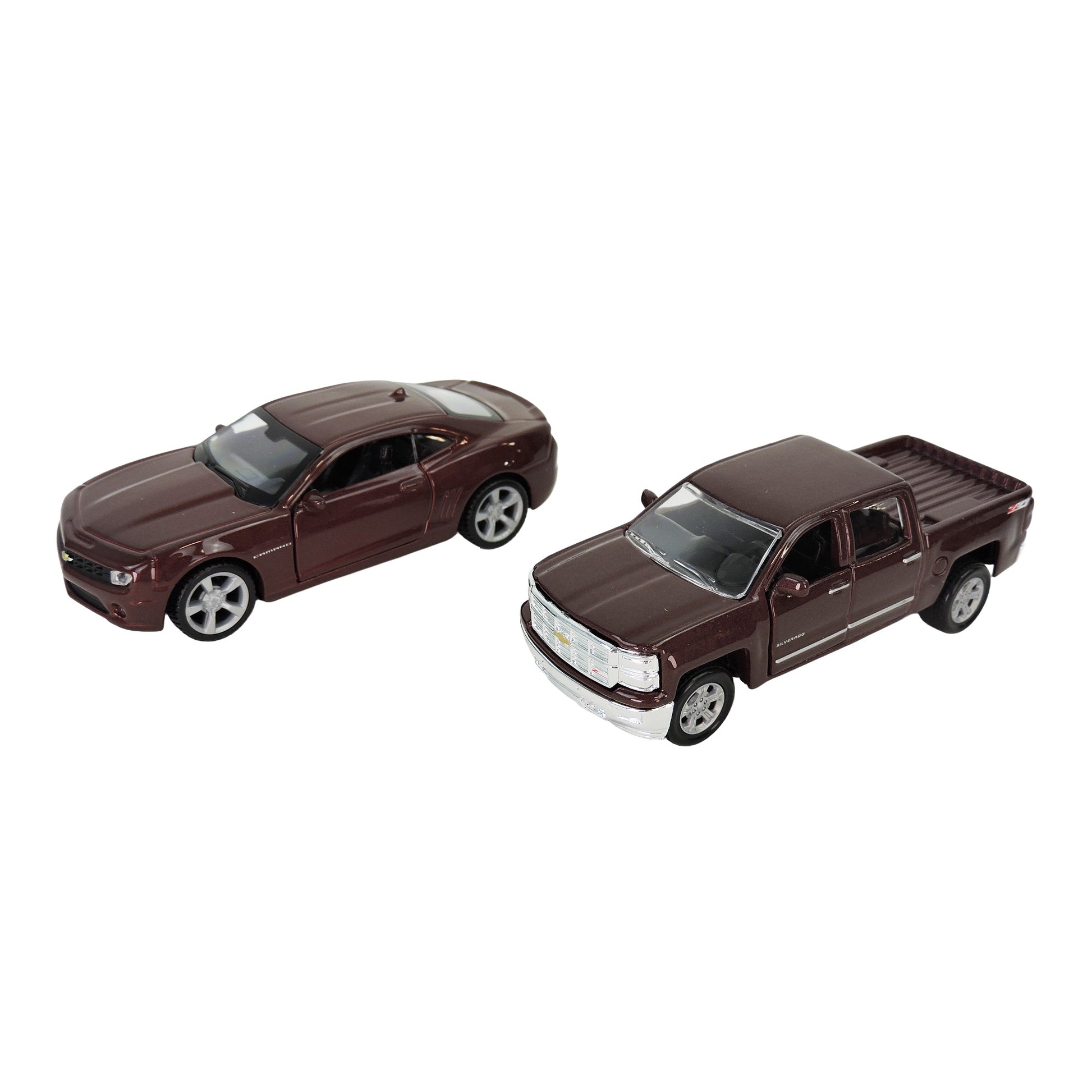 Two small brown Toysmith Diecast Power Racers by Rollin'—a sports car on the left and a pickup truck on the right—are displayed on a white background. Each sold separately.