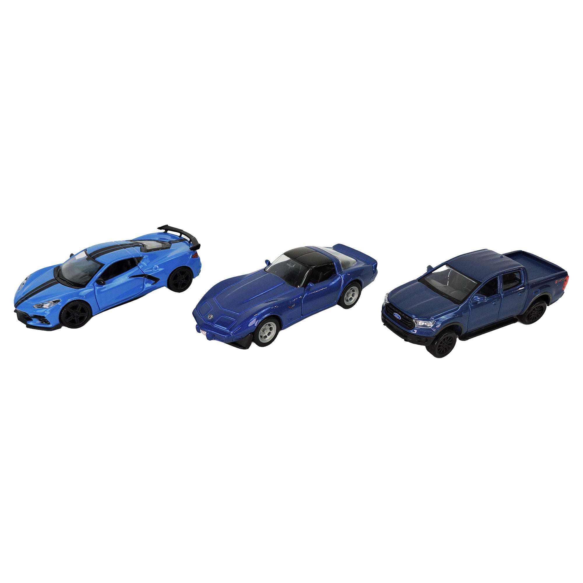 Three Rollin’ Toysmith Diecast Power Racers—each a unique blue car: sports, classic, and pickup—are shown side by side facing left on a white background. Items sold separately; color may vary.