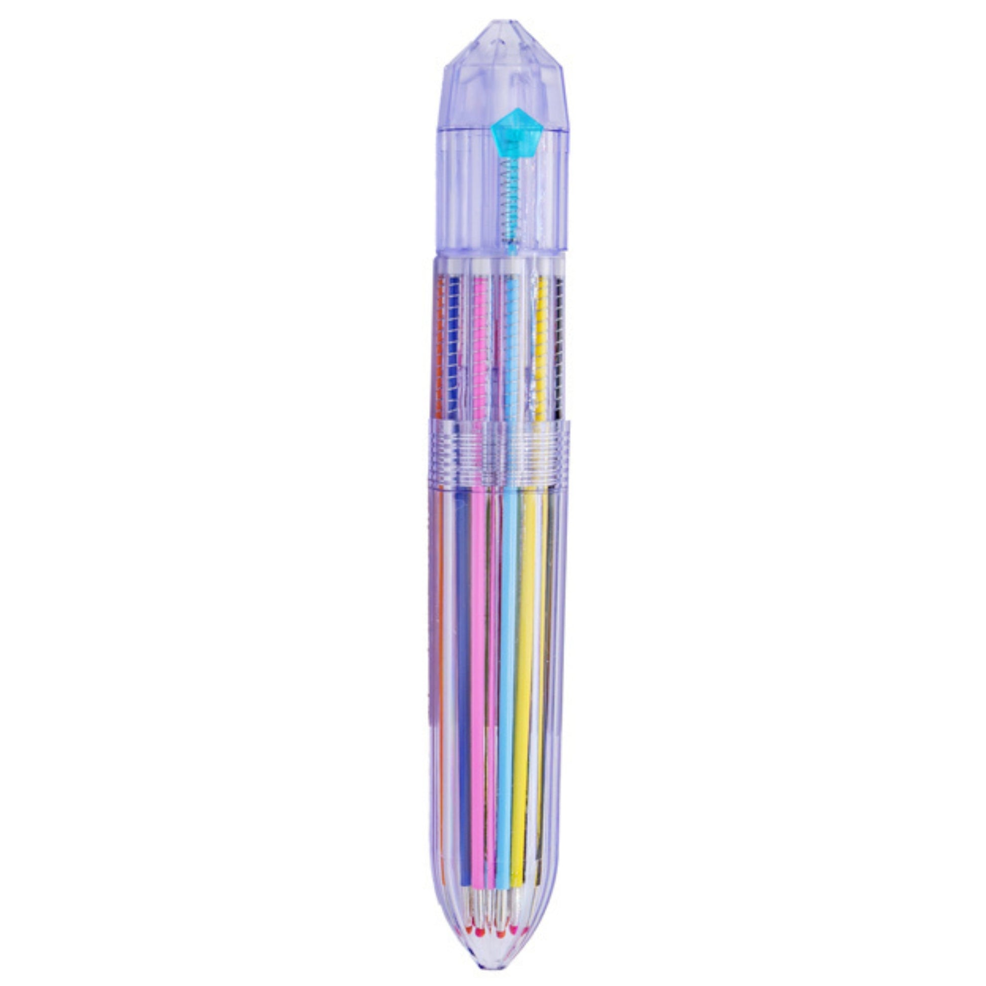 The Sensory Lab Colorclik Pen features a transparent purple casing and houses 10 vibrant ink colors—blue, yellow, pink, green, red, and more—letting you easily switch between shades in one multicolor pen.