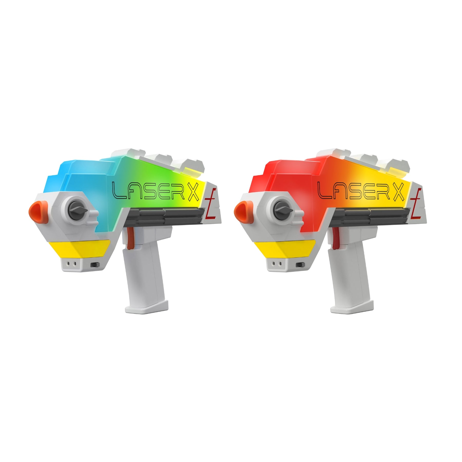 Two NSI Laser X Ultra Double B2 Blasters are shown: the left is blue and green, the right is red and orange. Each features white and yellow accents, a sleek futuristic look, and is ideal for multi-player laser tag battles.