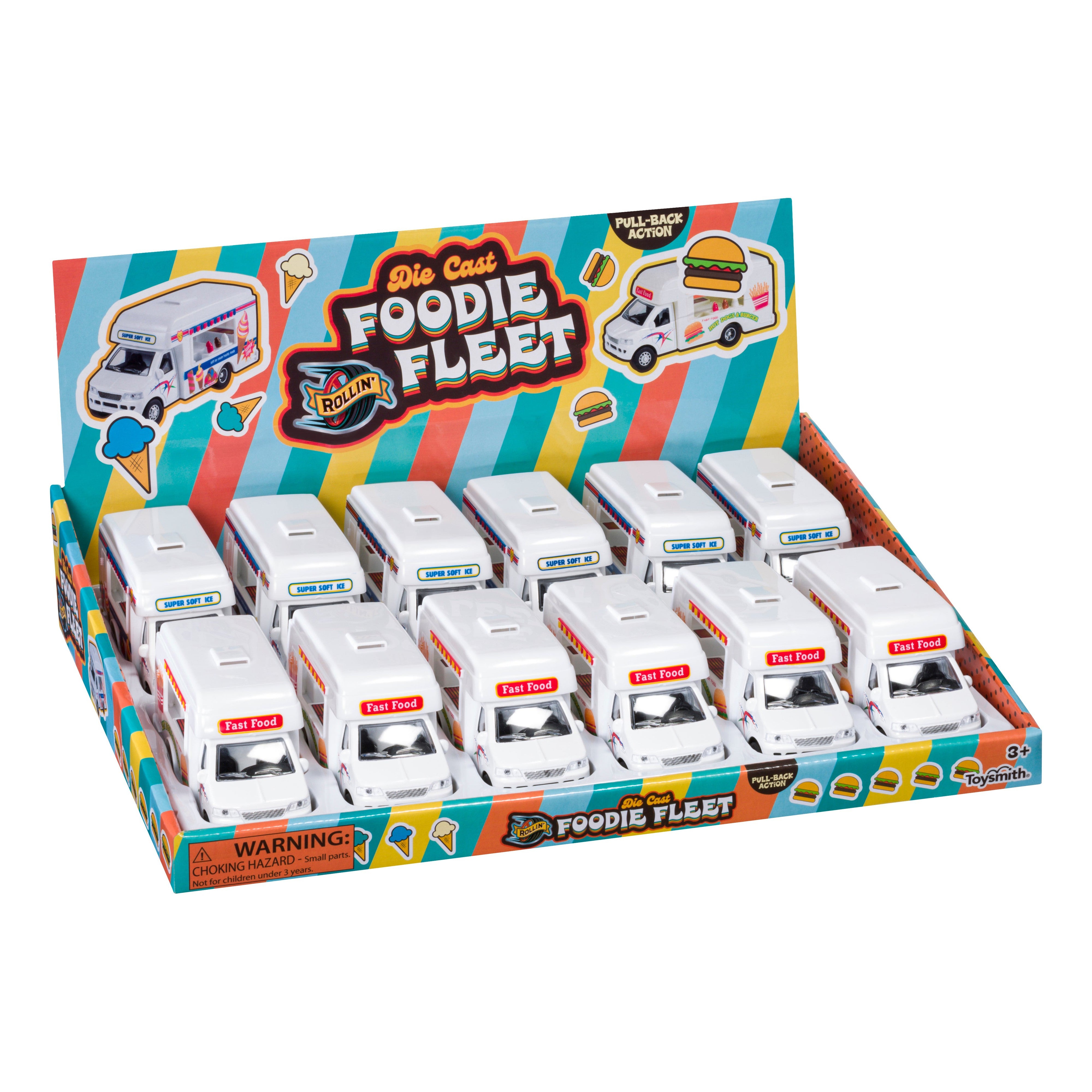 A display box labeled Rollin’ Foodie Fleet Die-Cast by Rollin' holds twelve die-cast food truck toys with white tops, red Fast Food signs, and colorful food images in three rows of four. Packaging features playful food-themed graphics.