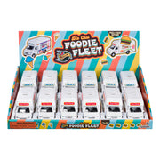 The Rollin’ Foodie Fleet Die-Cast by Rollin’ is a display box of white friction-powered toy food trucks with colorful “Fast Food” packaging, designed for kids ages 8+.