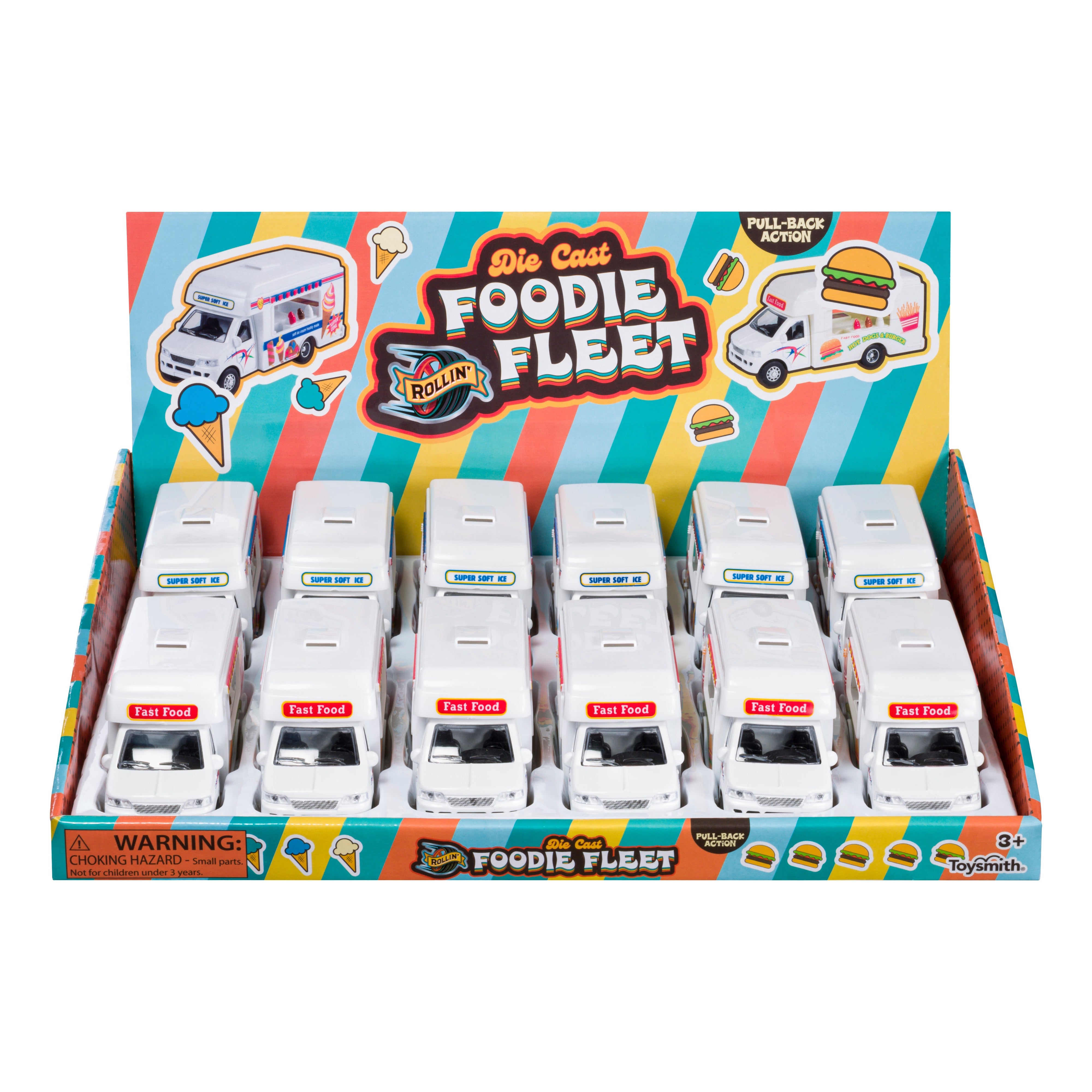 The Rollin’ Foodie Fleet Die-Cast by Rollin’ is a display box of white friction-powered toy food trucks with colorful “Fast Food” packaging, designed for kids ages 8+.