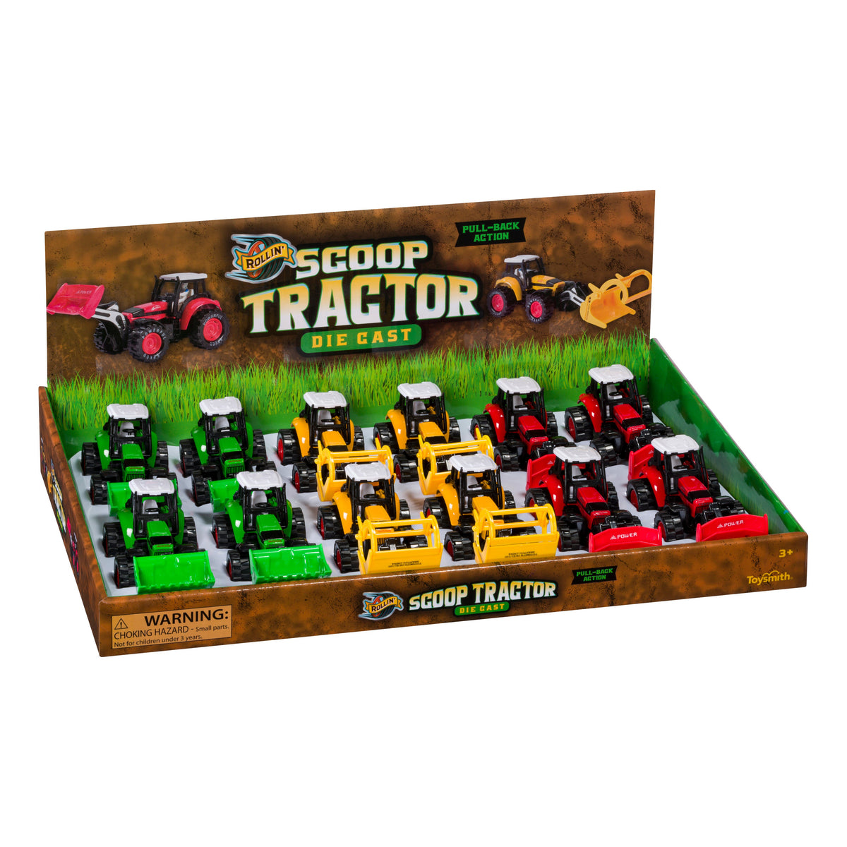 A display box of Rollin' Scoop Tractor die-cast metal toys by Rollin', featuring green, yellow, and red tractors arranged in rows. The box is labeled "Scoop Tractor Die Cast" and includes choking hazard warnings.