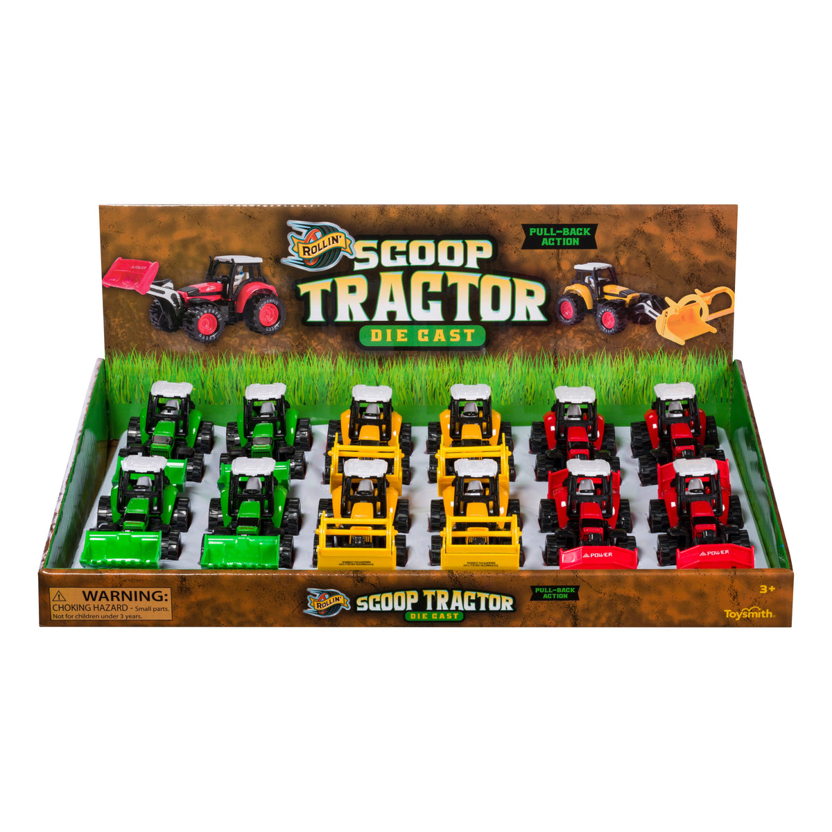 A display box of Rollin' Scoop Tractor die-cast toys by Rollin', in green, yellow, and red, arranged on a grassy-themed background, featuring pull-back action and labeled "Scoop Tractor.