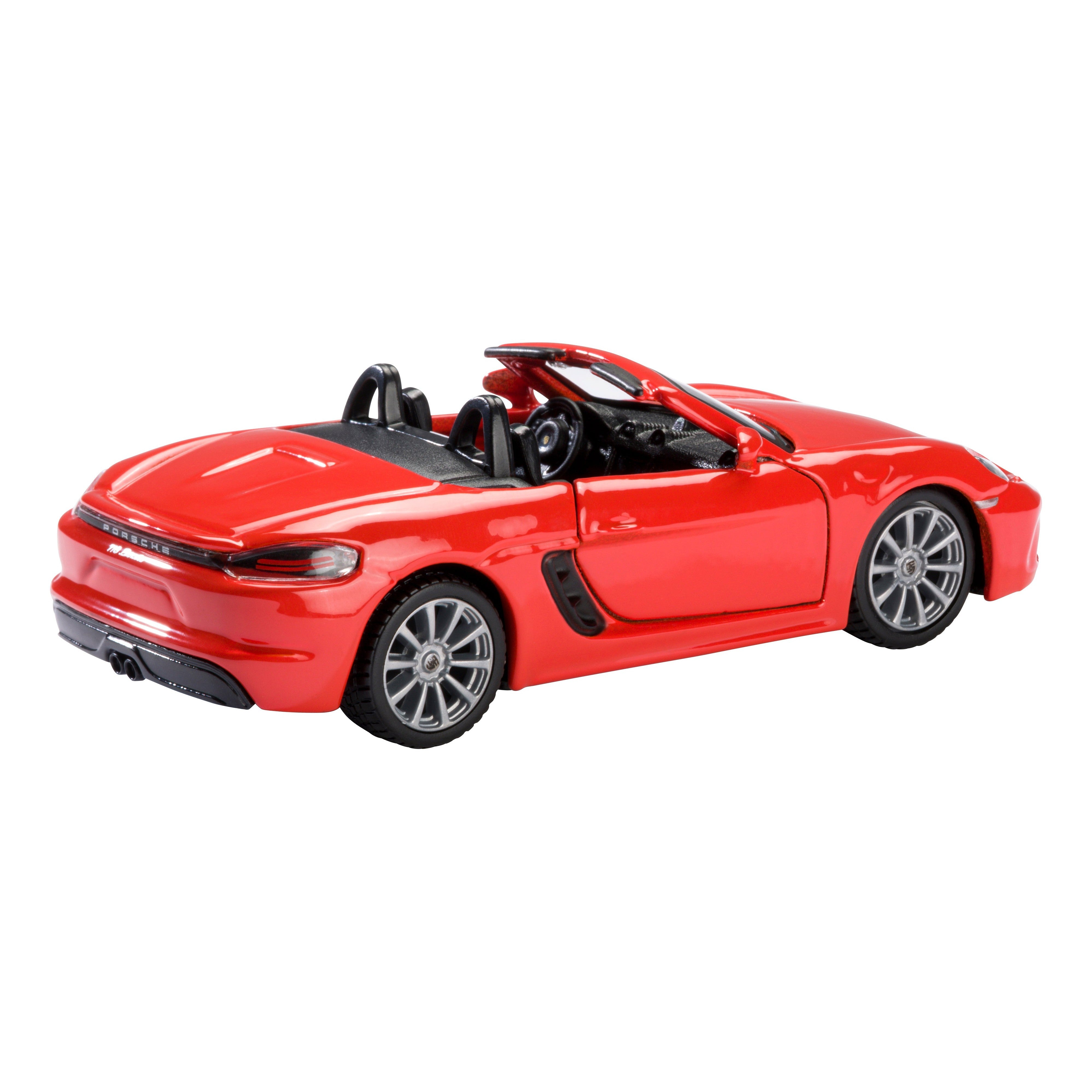 The Rollin' Die Cast Porche by Rollin' is a red convertible toy sports car with a black interior and silver wheels, shown from the rear left on a white background. It features a pull-back mechanism for added fun.