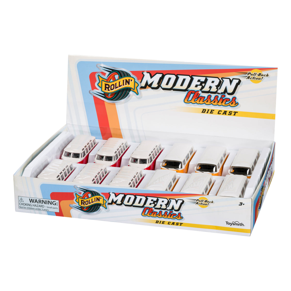 A display box labeled Rollin' Volkswagen Van holds 12 white toy vans with pull-back action in two rows. Featuring colorful Rollin' branding, it's ideal for collectors and includes a warning: ages 3 and up.