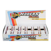 A display box labeled Rollin’ Volkswagen Van contains twelve white die-cast toy vans with chrome details, arranged in two rows. Ideal for collectors, the packaging features colorful stripes and a Pull-Back Action label.