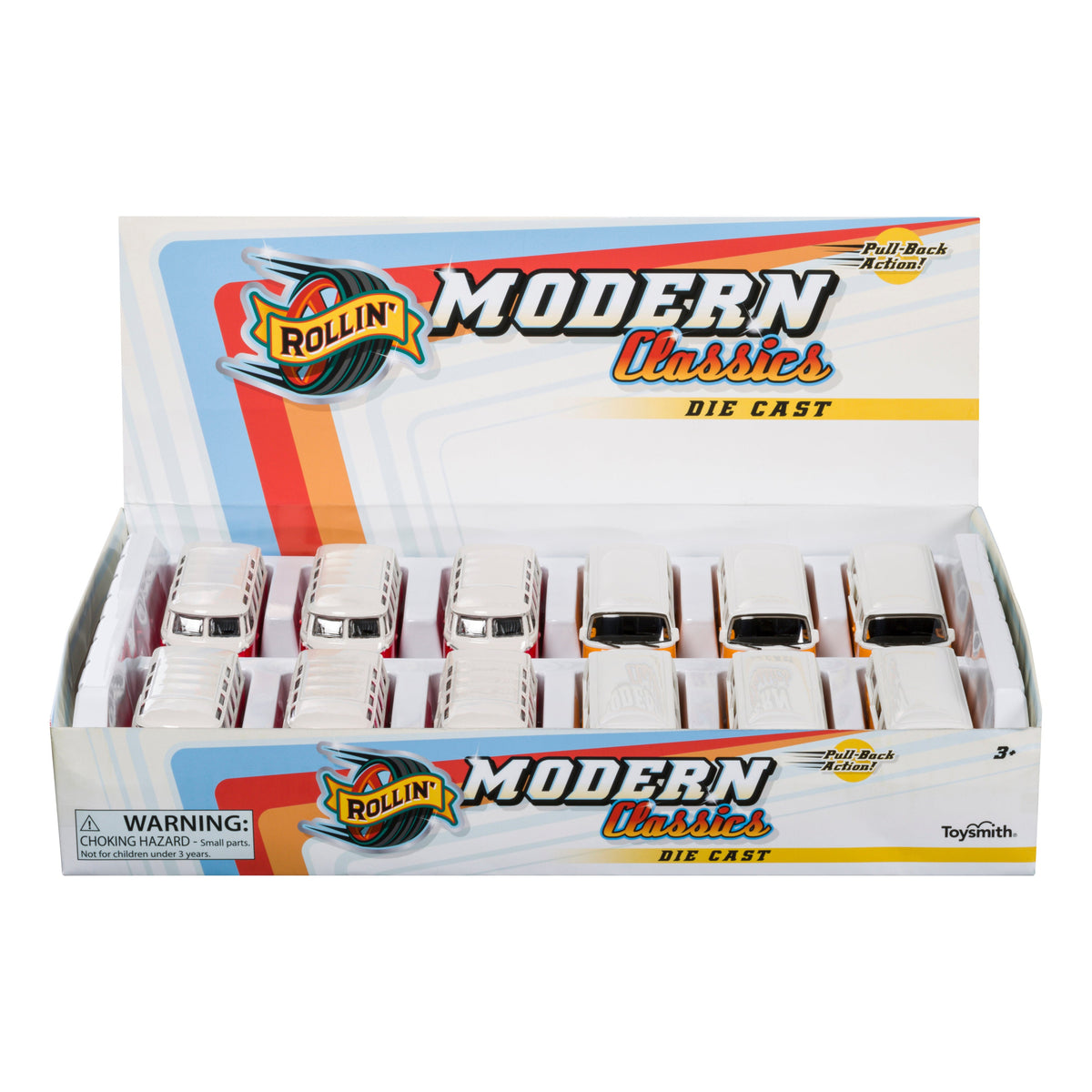A display box labeled Rollin’ Volkswagen Van contains twelve white die-cast toy vans with chrome details, arranged in two rows. Ideal for collectors, the packaging features colorful stripes and a Pull-Back Action label.