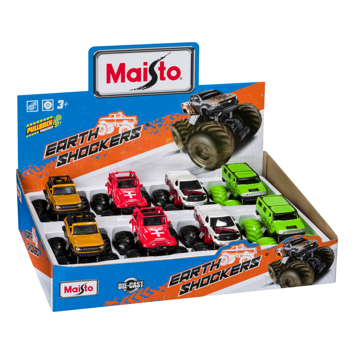 Display box of Maisto Rollin' Earth Shockers die-cast monster truck toys, assorted in black, yellow, red, white, and green with pull-back action, arranged in two rows and packaged with the Maisto logo.