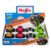 A display box of Maisto Rollin' Earth Shockers die-cast monster trucks features assorted yellow, red, white, and green vehicles with big wheels, a pull-back action, and a colorful promotional backdrop.