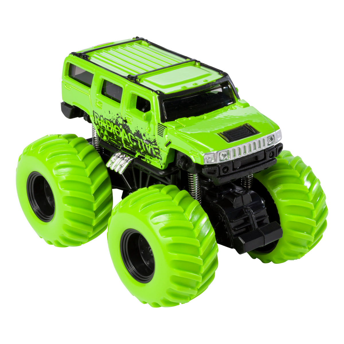 The Maisto Rollin' Earth Shockers is a bright green die-cast monster truck with oversized textured wheels, black and green detailing, RADIO ACTIVE on the side, a rugged SUV body, and a pull-back mechanism for racing fun.