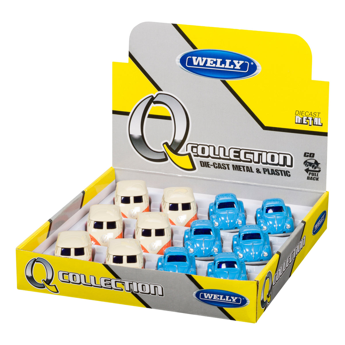 The Rollin' Mini VW Assortment by Rollin' features collectible die-cast metal and plastic Volkswagen vehicles in white, orange, and blue, displayed in a Q Collection box.