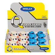 A display box labeled Rollin' Mini Vw Assortment by Rollin' contains six white and orange Volkswagen toy vans and six blue collectibles, all die-cast metal and plastic, packaged with yellow, gray, and black accents.