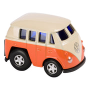 The Rollin' Mini VW Assortment by Rollin' features a collectible Volkswagen toy with an orange and beige body, blue-tinted windows, black tires, and silver hubcaps, capturing the iconic look on a white background.