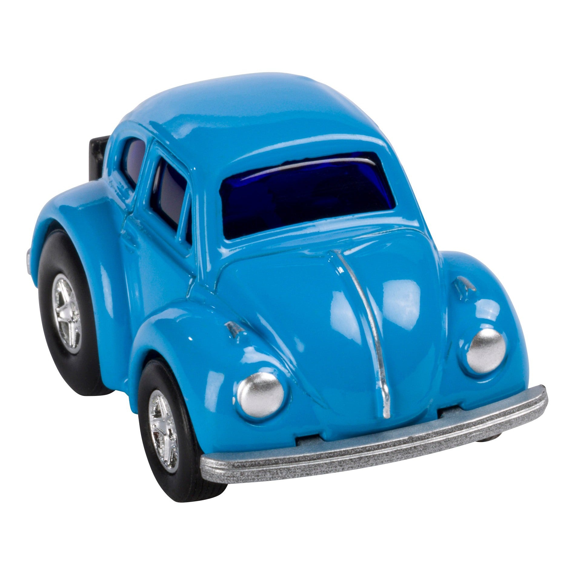The Rollin' Mini VW Assortment by Rollin' features a small blue collectible Volkswagen Beetle with silver bumpers, black tires, and dark tinted windows, displayed on a white background.
