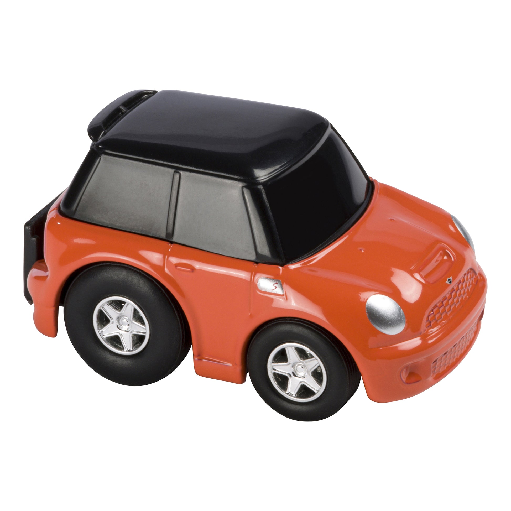 The Rollin' Mini Die Cast Cars by Rollin' is a collectible toy car with an orange body, black roof, and oversized wheels with silver rims—ideal for fans of mini vehicles and playful, cartoonish designs.