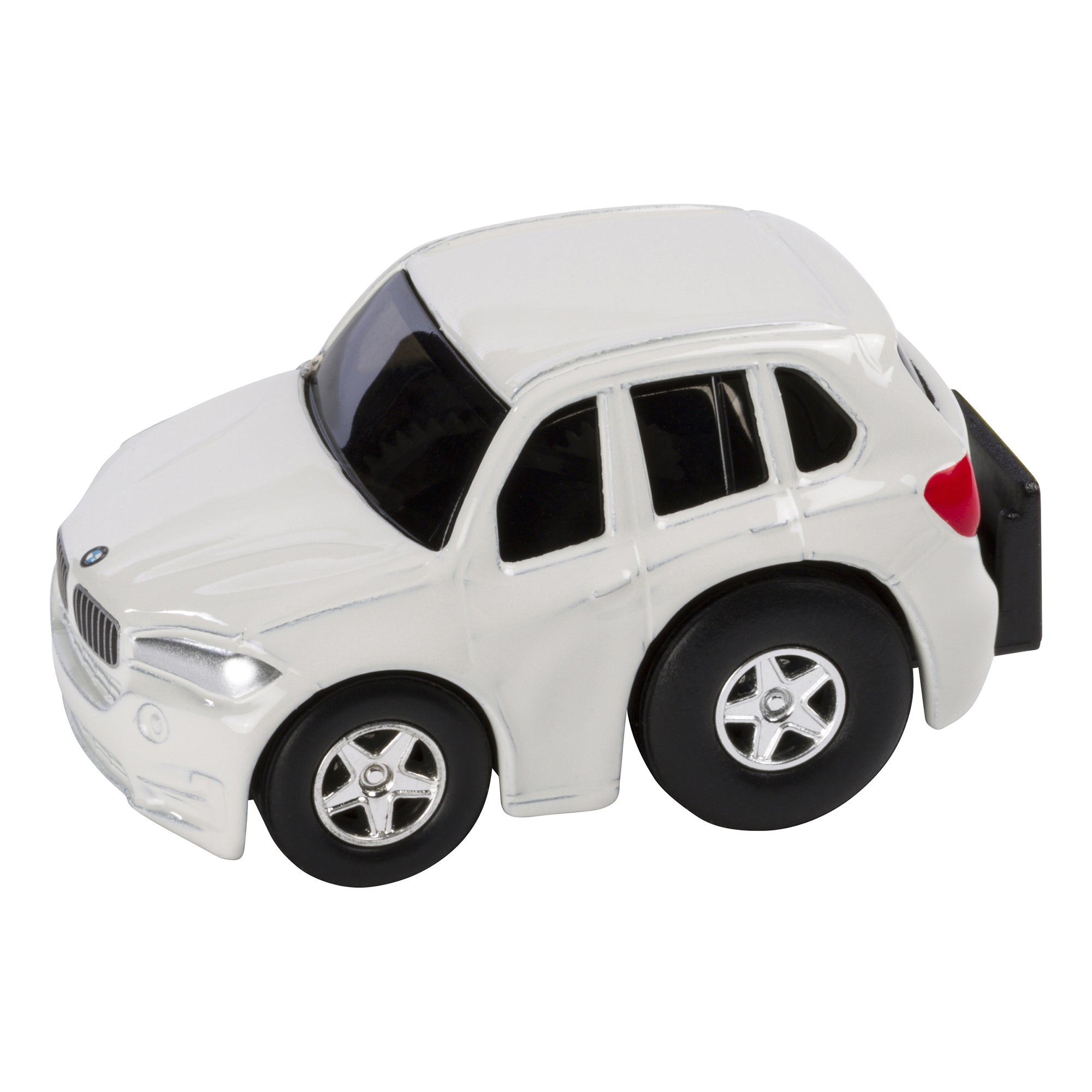 The Rollin' Mini Die Cast Car by Rollin’ is a small white SUV toy featuring black windows, silver accents, and large black wheels—ideal for collectible toy car enthusiasts. Shown on a white background.