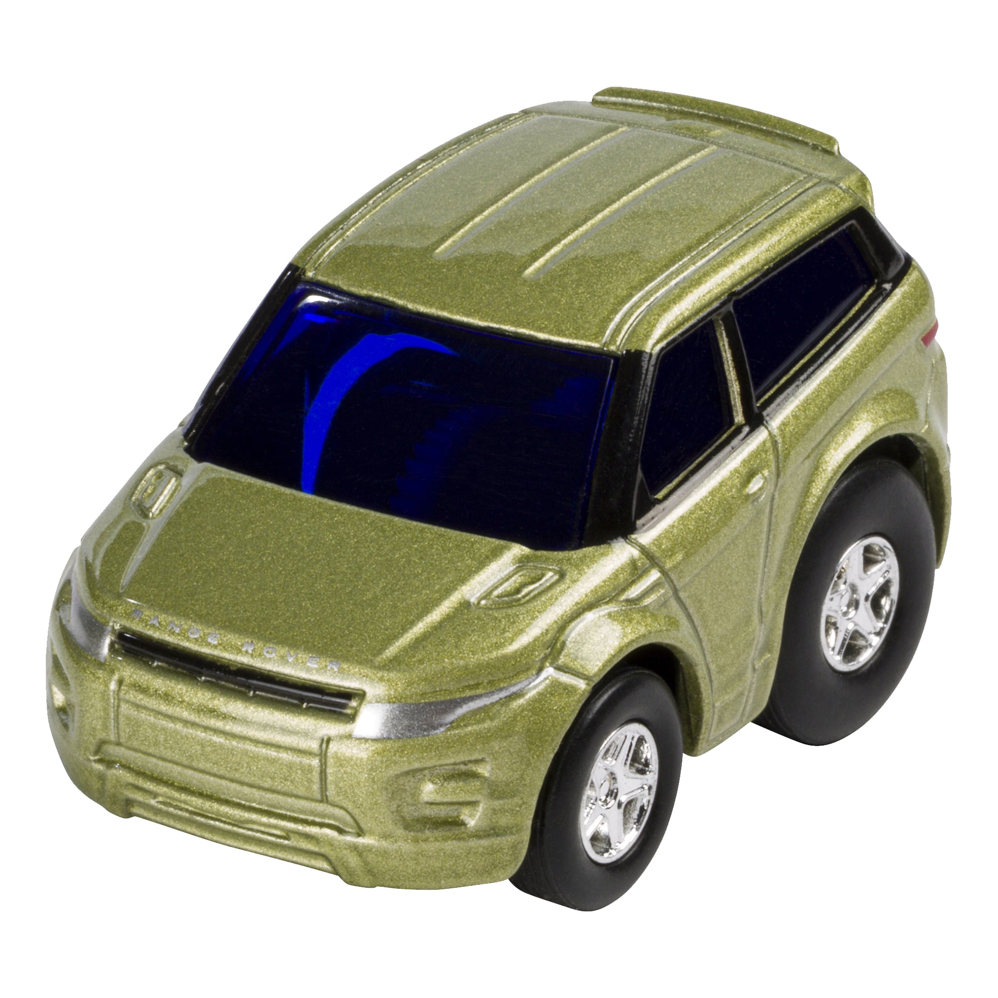 A metallic green Rollin' Mini Die Cast Cars SUV by Rollin', featuring large wheels and dark blue-tinted windows, seen from the front left angle.
