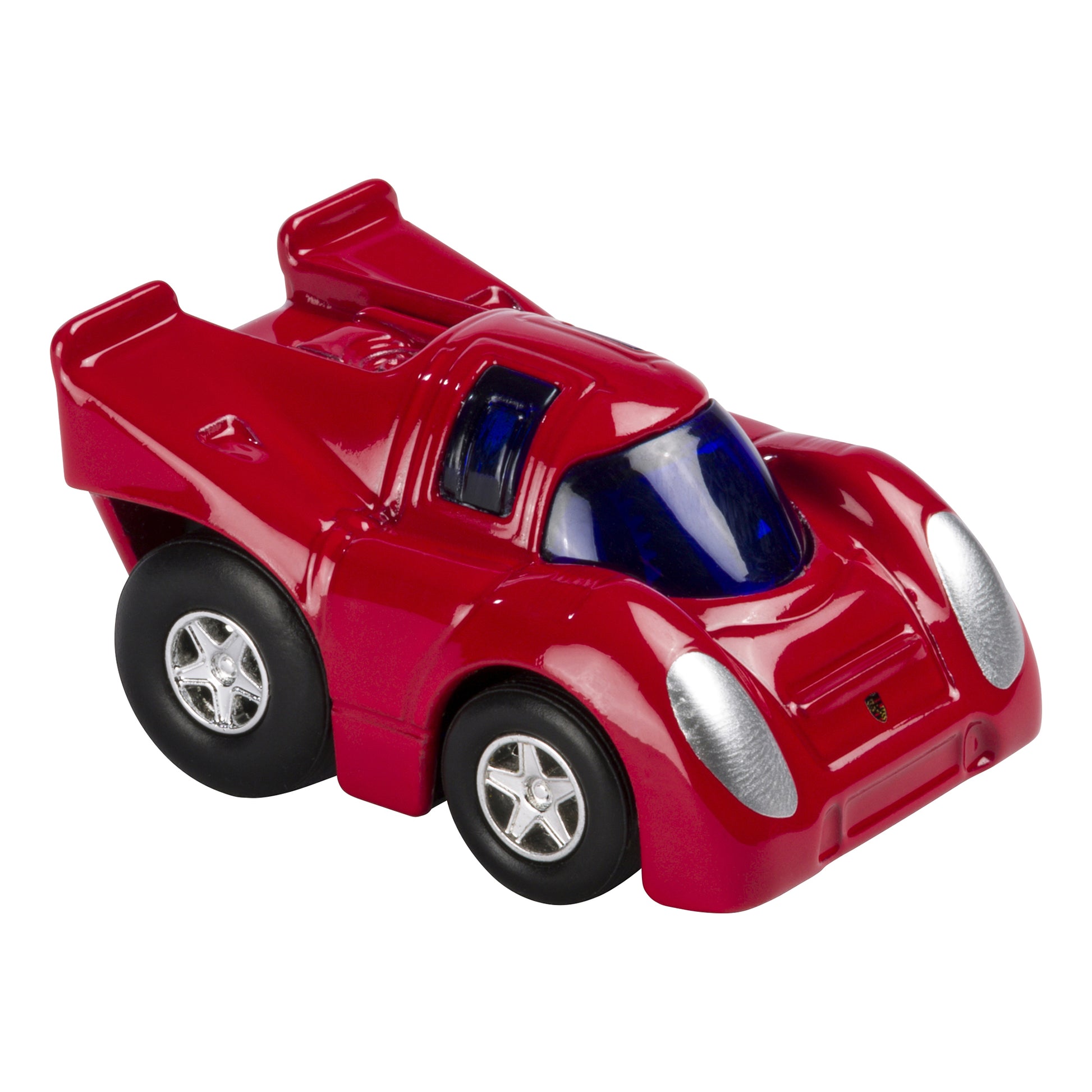 A Rollin' Mini Die Cast Car by Rollin', featuring a small red body, black wheels, silver headlights, and a blue-tinted windshield, is shown from a front-side angle on a white background.