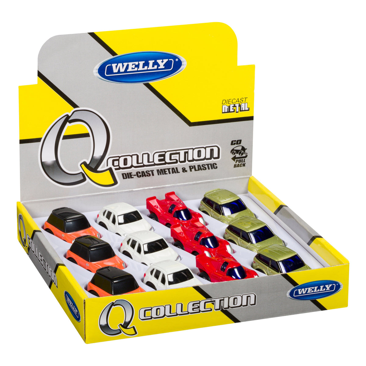 A yellow, gray, and blue display box labeled Toysmith Rollin' Mini Assorted Licensed Assortment features twelve collectible die cast cars in white, red, green, and orange—perfect for mini car enthusiasts.