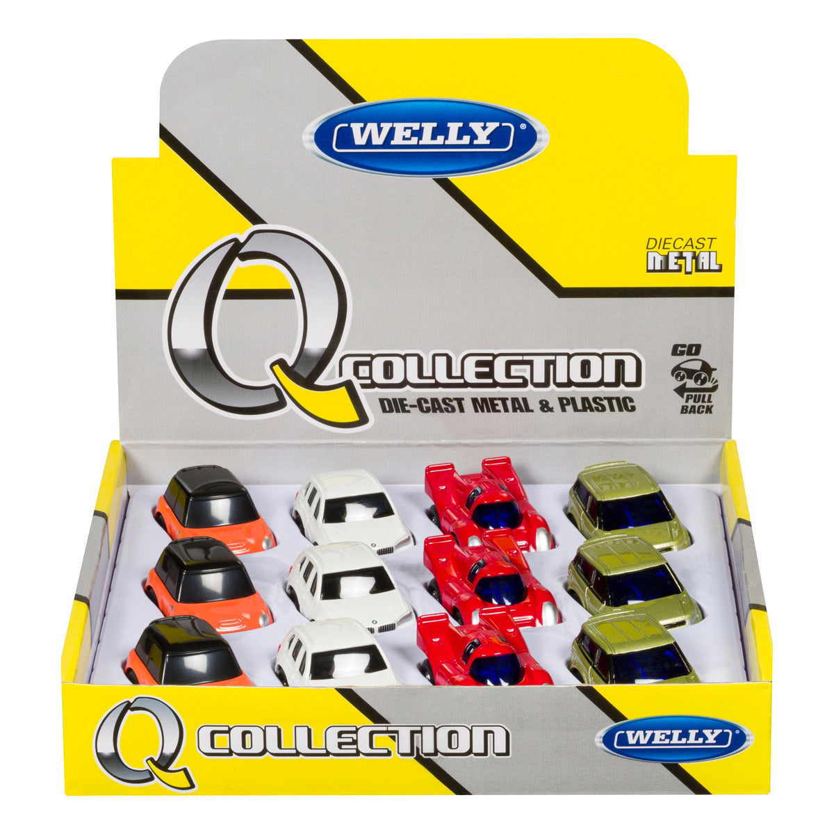 A Toysmith Rollin' Mini Assorted Licensed Assortment display box holds 12 collectible die cast toy cars in orange, white, red, and green—perfect for classic car fans. Packaging displays the Toysmith brand logo.