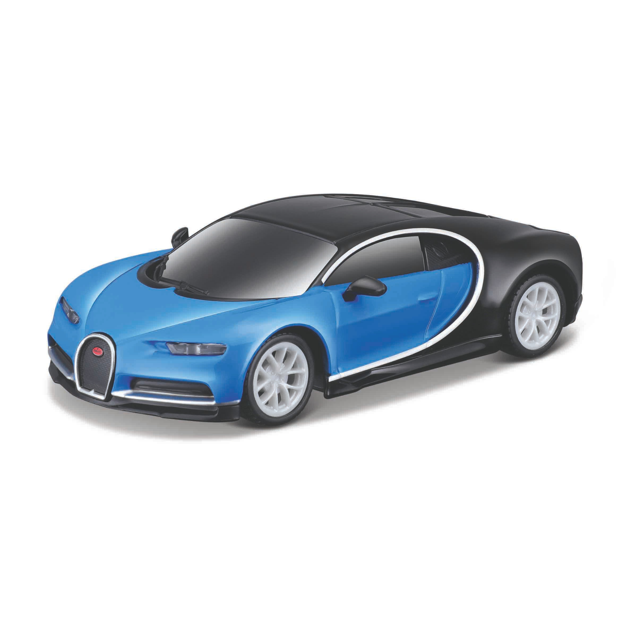 A Maisto Mini Metal Diecast R/C Car in blue and black, featuring a sleek design, silver rims, and tinted windows, is shown from a front-side angle on a white background.