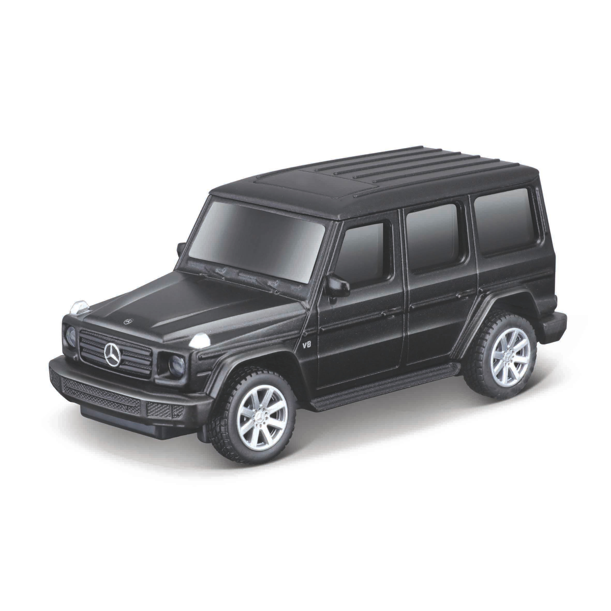 A Maisto Mini Metal Diecast R/C Car in black, styled after a Mercedes-Benz G-Class SUV with tinted windows and silver wheels, shown on a white background. Ideal for collectors of RC mini die-cast cars.