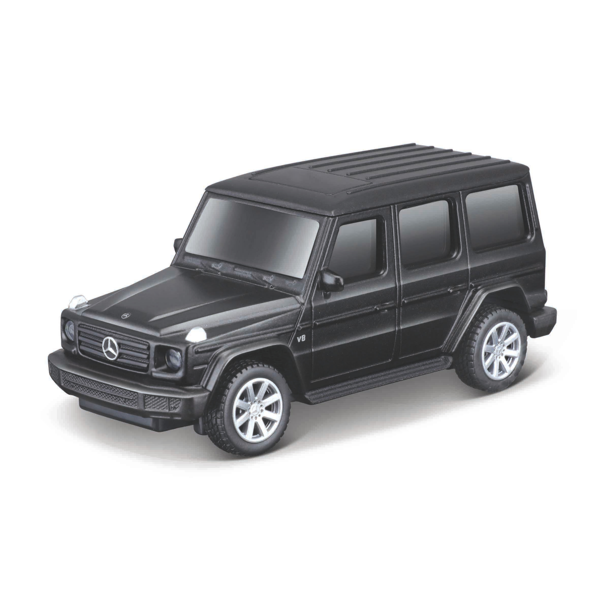A Maisto Mini Metal Diecast R/C Car in black, styled after a Mercedes-Benz G-Class SUV with tinted windows and silver wheels, shown on a white background. Ideal for collectors of RC mini die-cast cars.