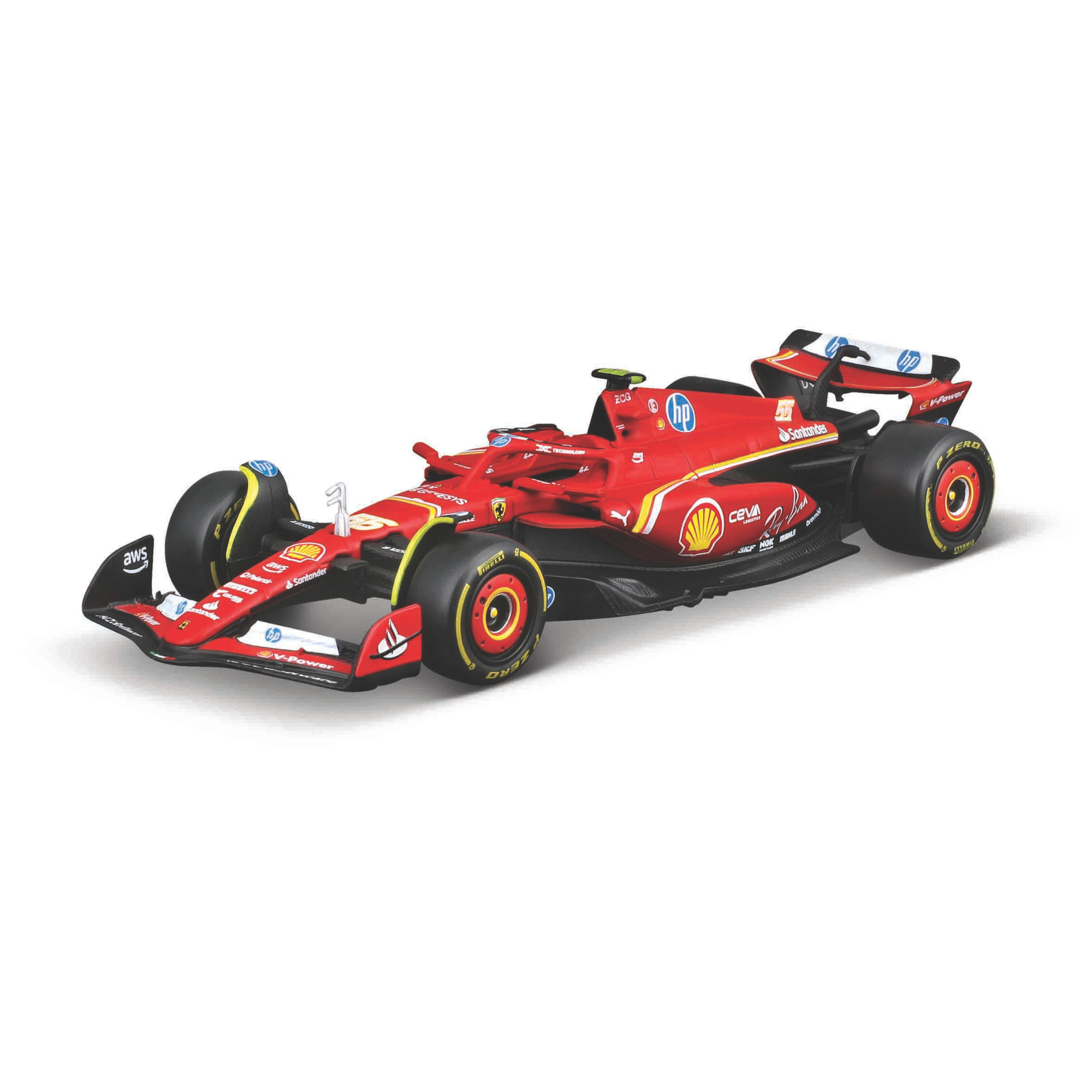 The Maisto Formula One Diecast Car features a vibrant red finish with yellow and black accents, detailed sponsor logos, and is ideal for collectors and fans of 1:43 scale F1 car collectibles.
