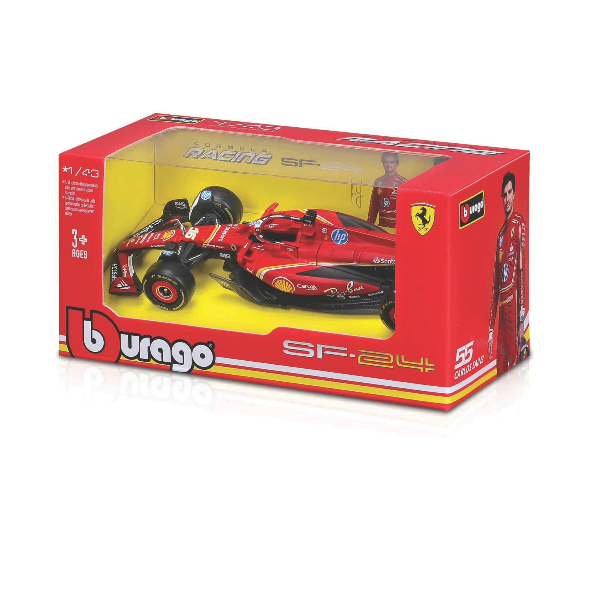 A Maisto Formula One Diecast Car in 1:43 scale, presented in a clear-front box with Ferrari branding and driver image. With red livery and yellow-red graphics, it's ideal for F1 collectors and suitable for ages 3+.