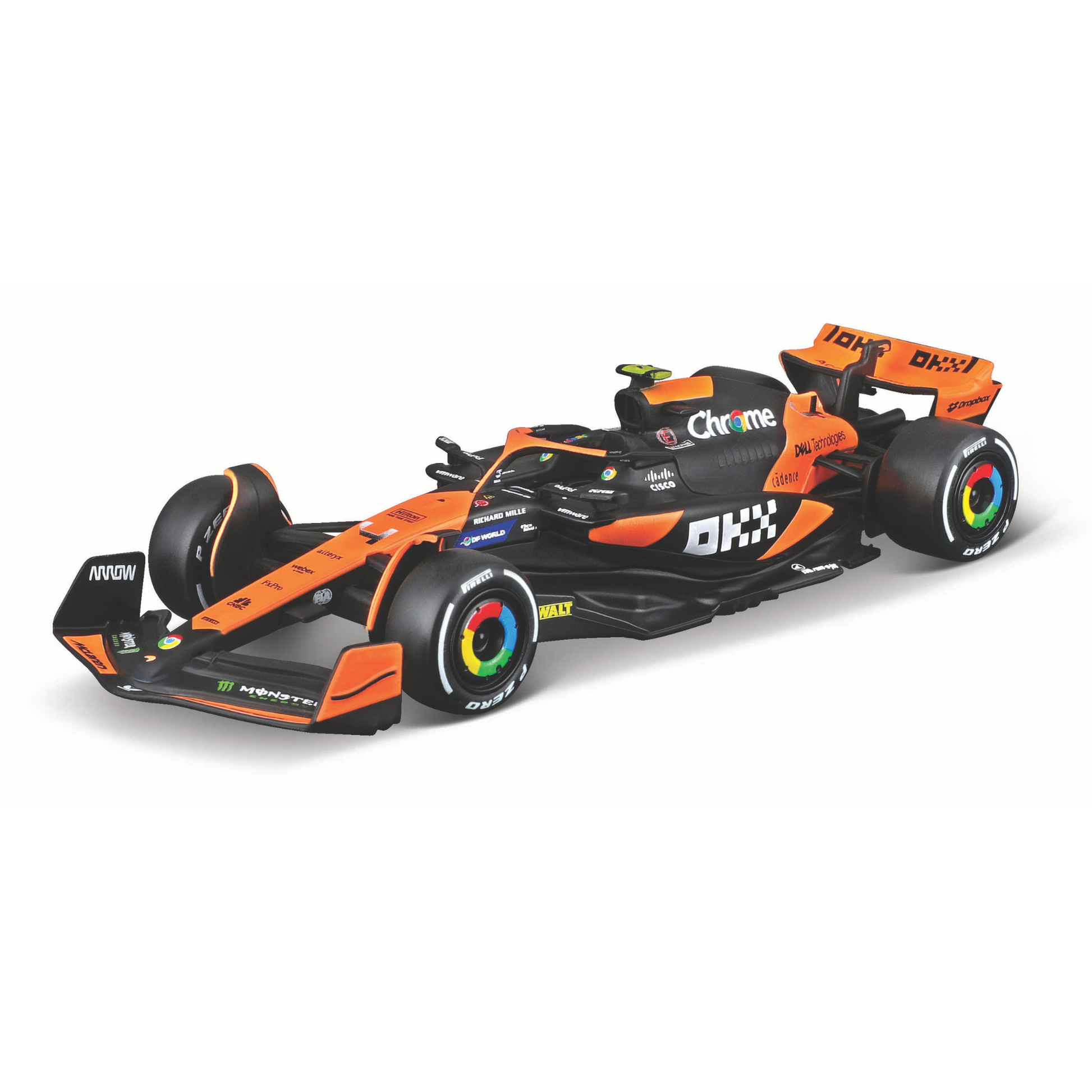 The Maisto Formula One Diecast Car features an orange and black livery, sponsor logos, colorful wheel rims, and aerodynamic details—ideal for F1 fans or collectors seeking a realistic 1:43 scale model.