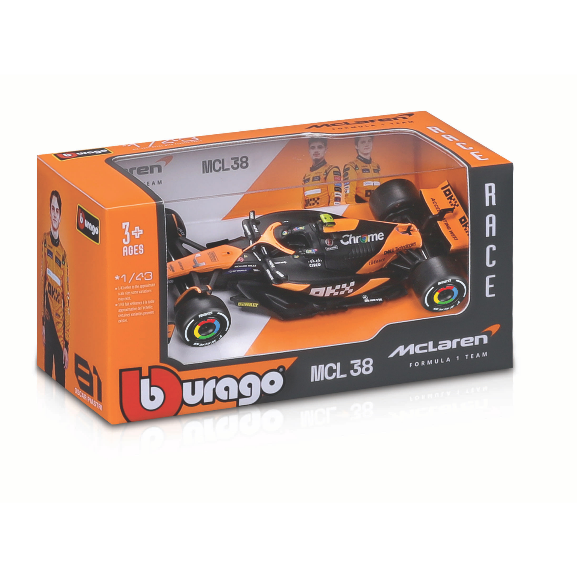 The Maisto Formula One Diecast Car is a boxed 1:43 scale F1 collectible featuring vibrant orange and black colors, McLaren branding, and driver images on the packaging. Suitable for ages 3 and up.