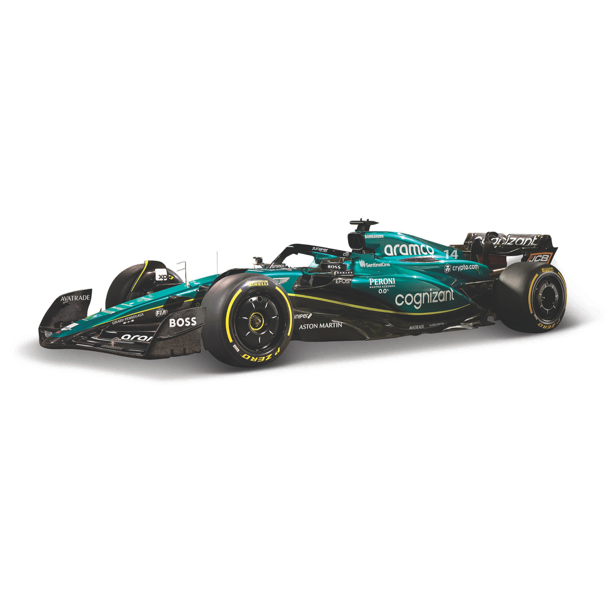 The Maisto Formula One Diecast Car in green and black features yellow-striped tires and sponsor logos like Aramco, Cognizant, and Peroni—ideal for F1 car collectors. Shown from the side against a white background.