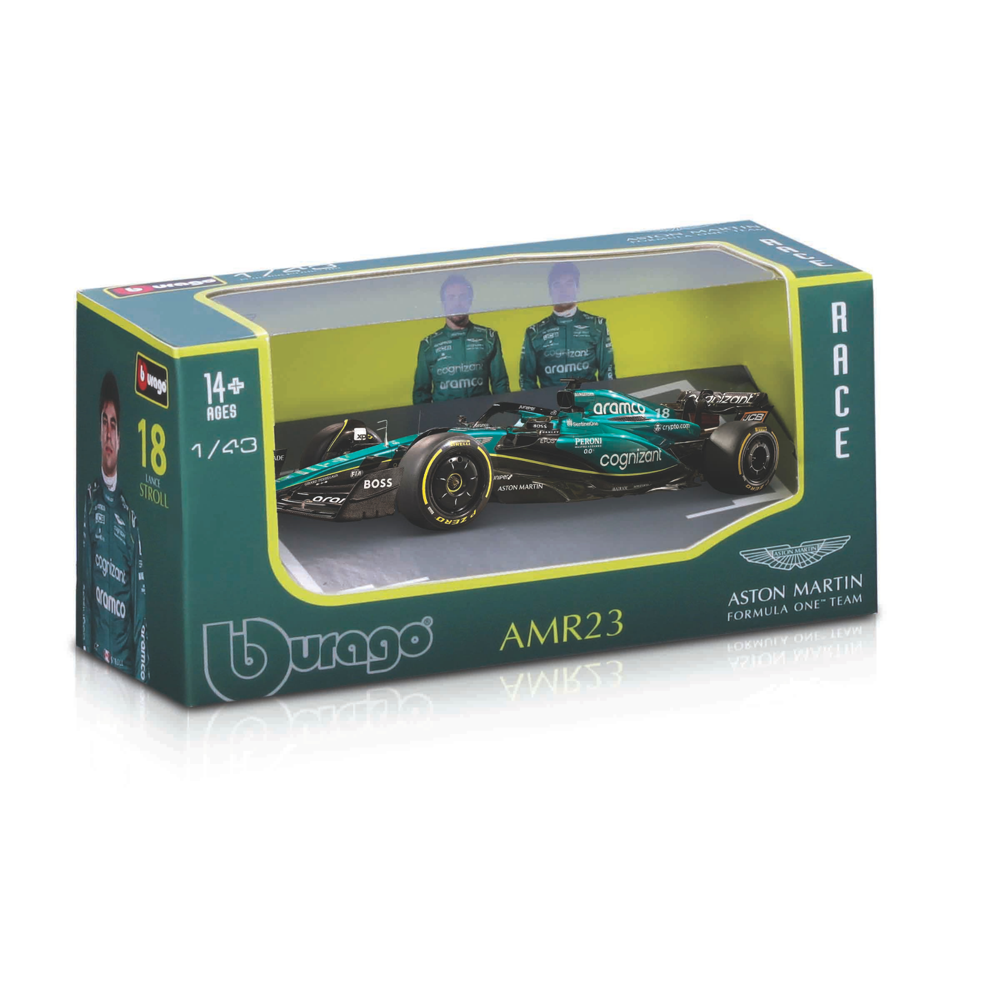 A boxed 1:43 scale Maisto Formula One Diecast Car featuring a black and green design, driver images on the packaging, and prominent Aston Martin branding—ideal for F1 die-cast collectors.