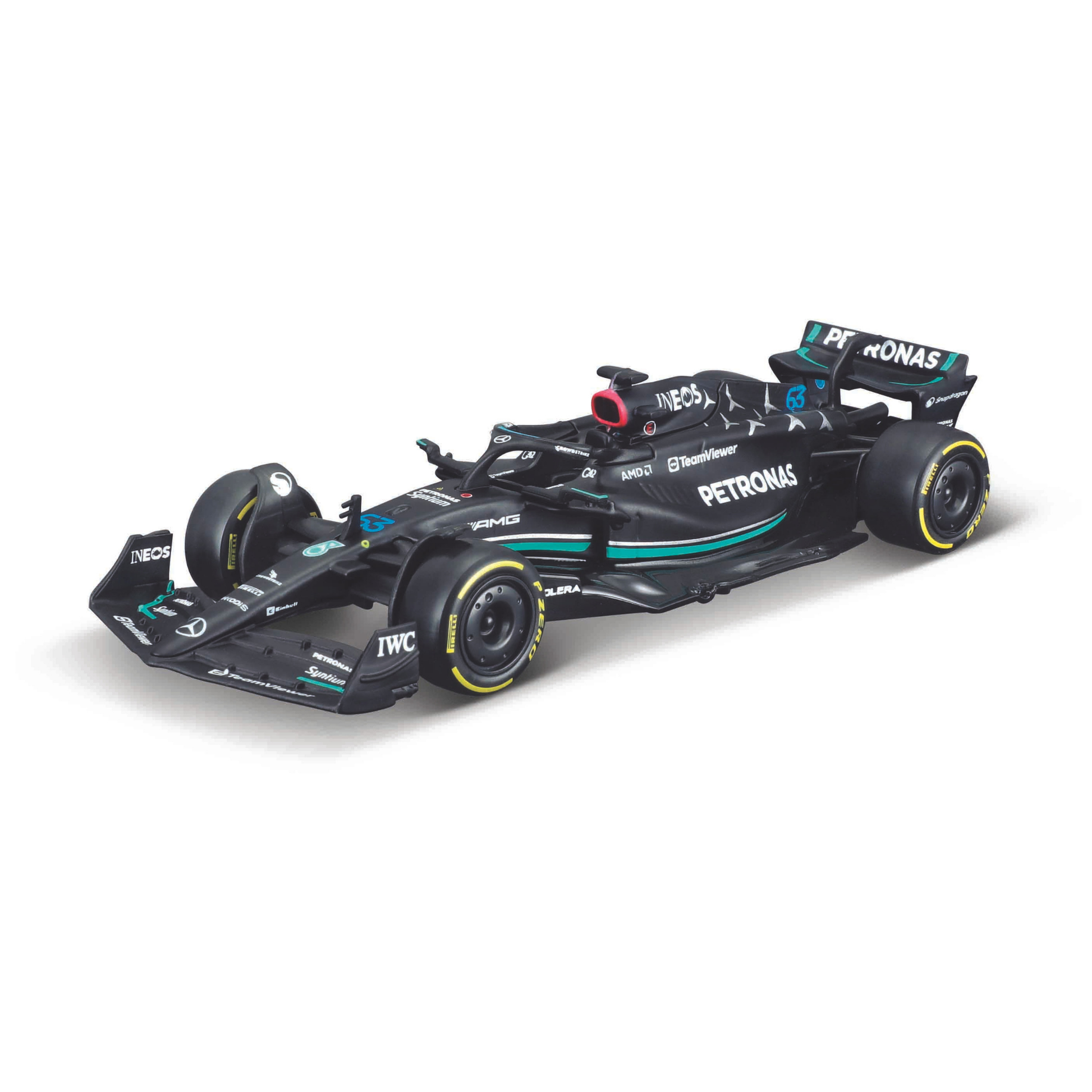 The Maisto Formula One Diecast Car features a black Mercedes-AMG Petronas F1 design with sponsor logos and yellow-rimmed tires, angled left on a white background—ideal for fans of F1 collectibles and die-cast car models.