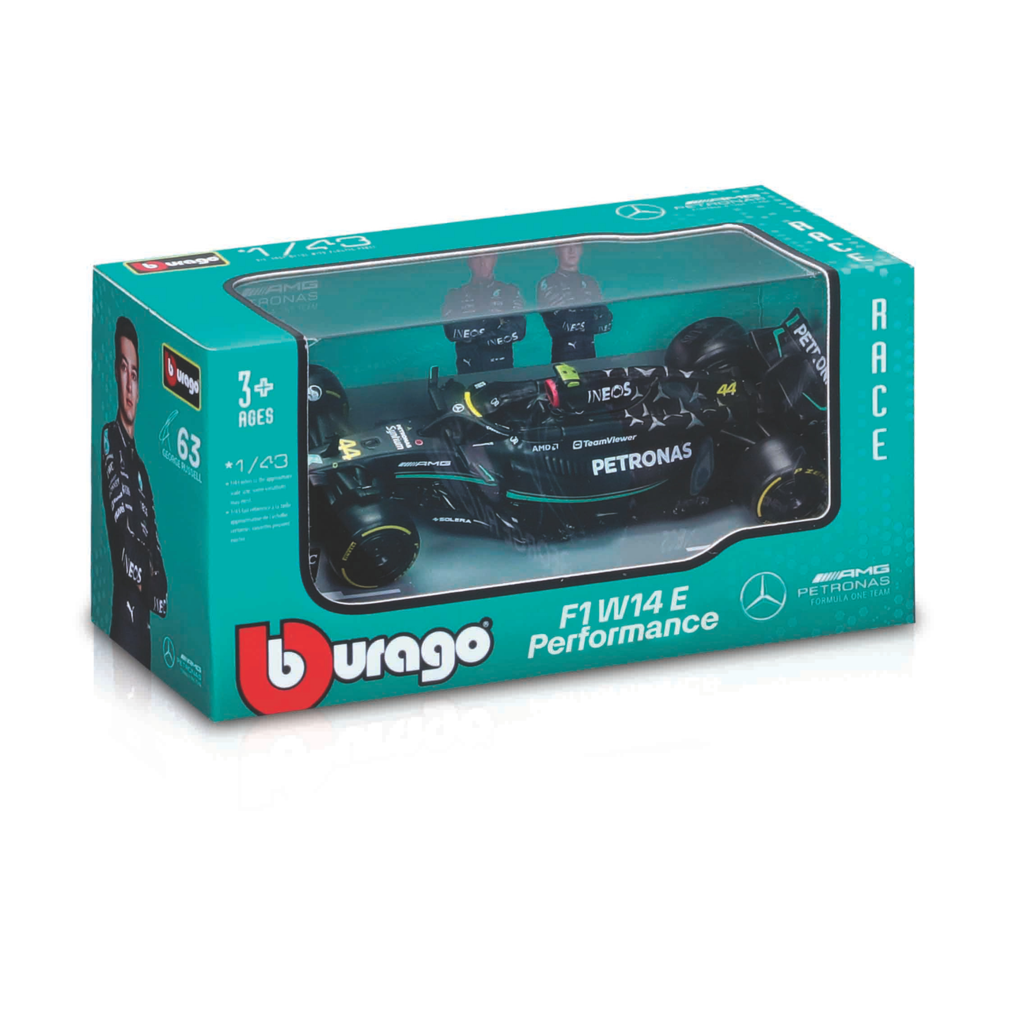A boxed Maisto Formula One Diecast Car in 1:43 scale features teal packaging with car and team branding, an ages 3+ label, and a driver image—ideal for Formula One die-cast car collectors.