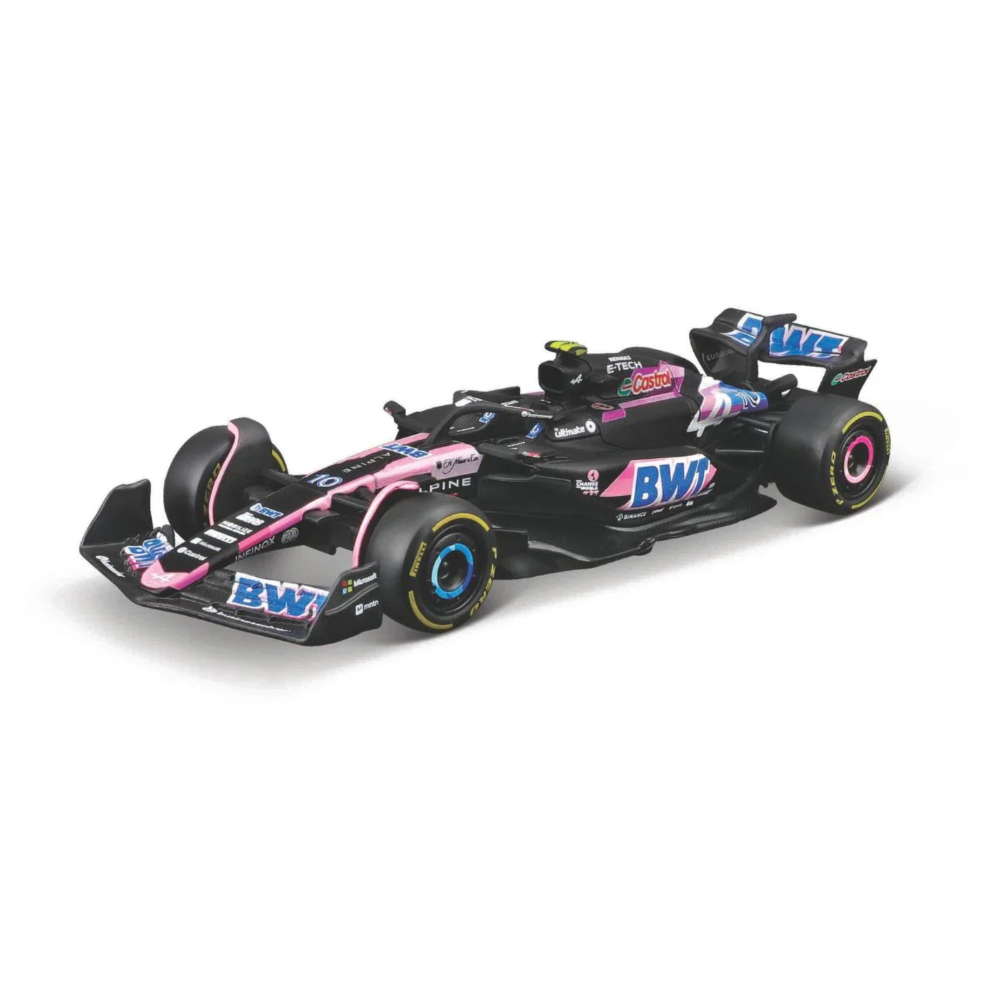 A Maisto Formula One Diecast Car in black with pink and blue accents, BWT logos, and yellow-striped tires is shown from a front-side angle—ideal for collectors of 1:43 scale F1 models.