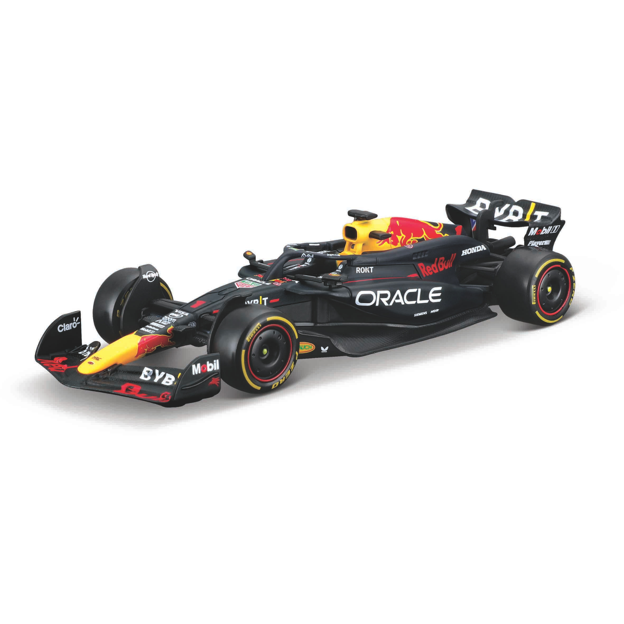 The Maisto Formula One Diecast Car is a black and yellow 1:43 scale F1 replica with Red Bull, Oracle, and other sponsor logos, shown from a front-side angle against a white background—ideal for collectible race car fans.