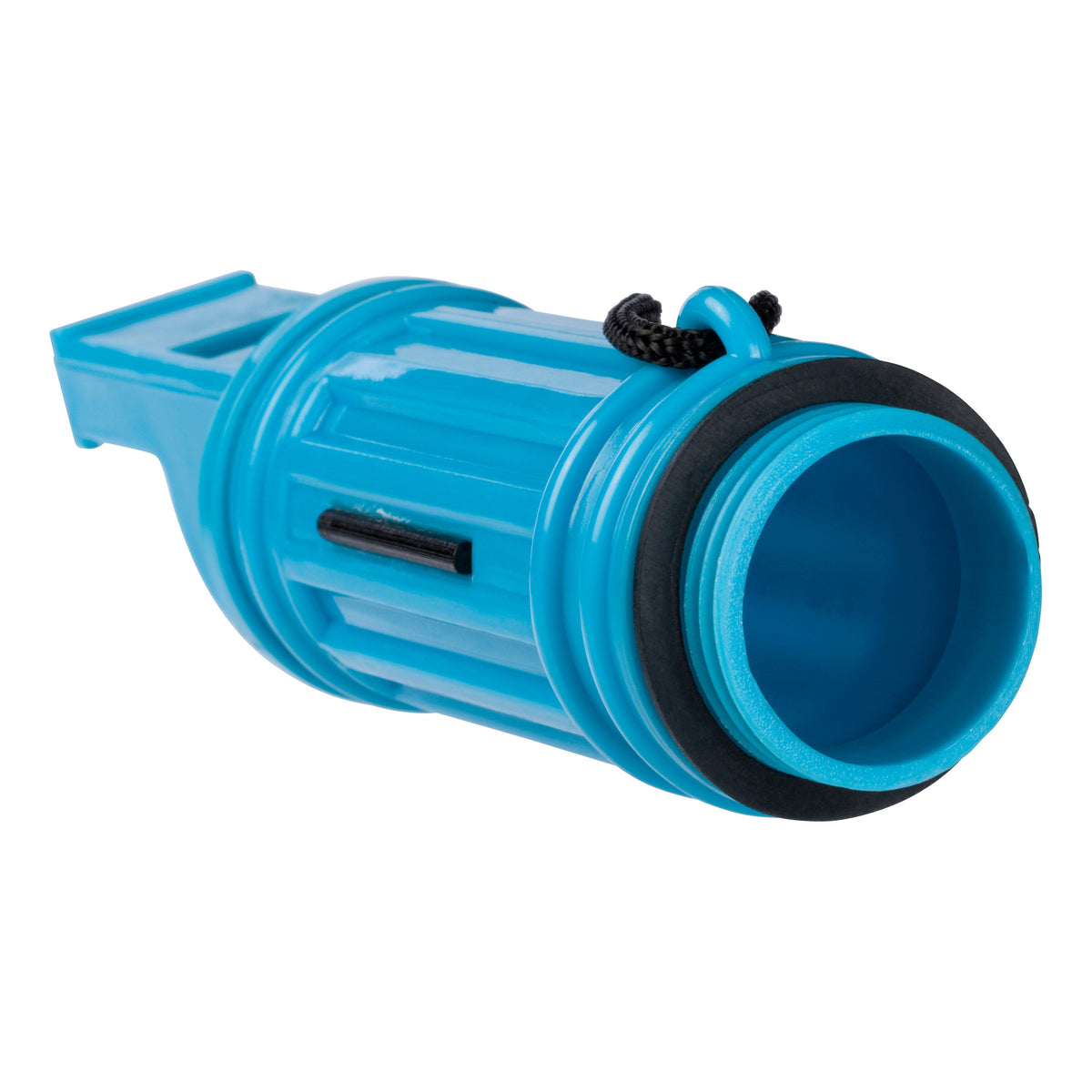A bright blue plastic hose connector with ribbed cylindrical shape, black rubber ring, and clipped black cord—designed for the Outdoor Discovery Survival Compass by Outdoor Discovery. Displayed on a white background.