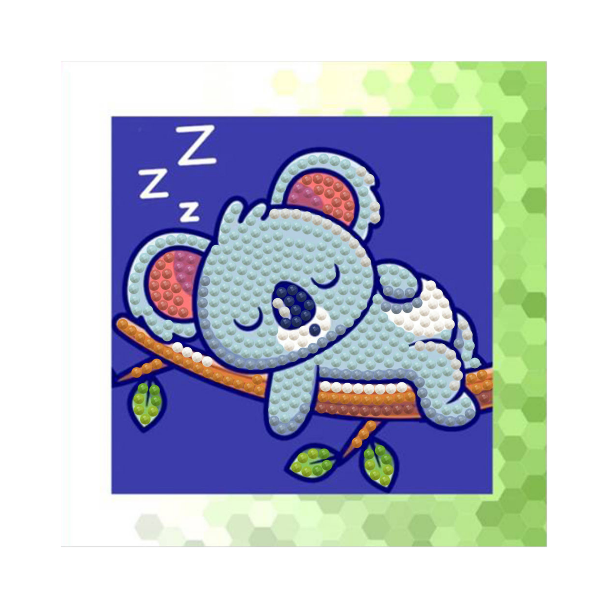 The Diamond Dotz Koala features a cute blue cartoon koala sleeping on a leafy branch with closed eyes and “Z”s above its head, set against a blue, textured dot-pattern background reminiscent of kids' art or mosaic crafts.