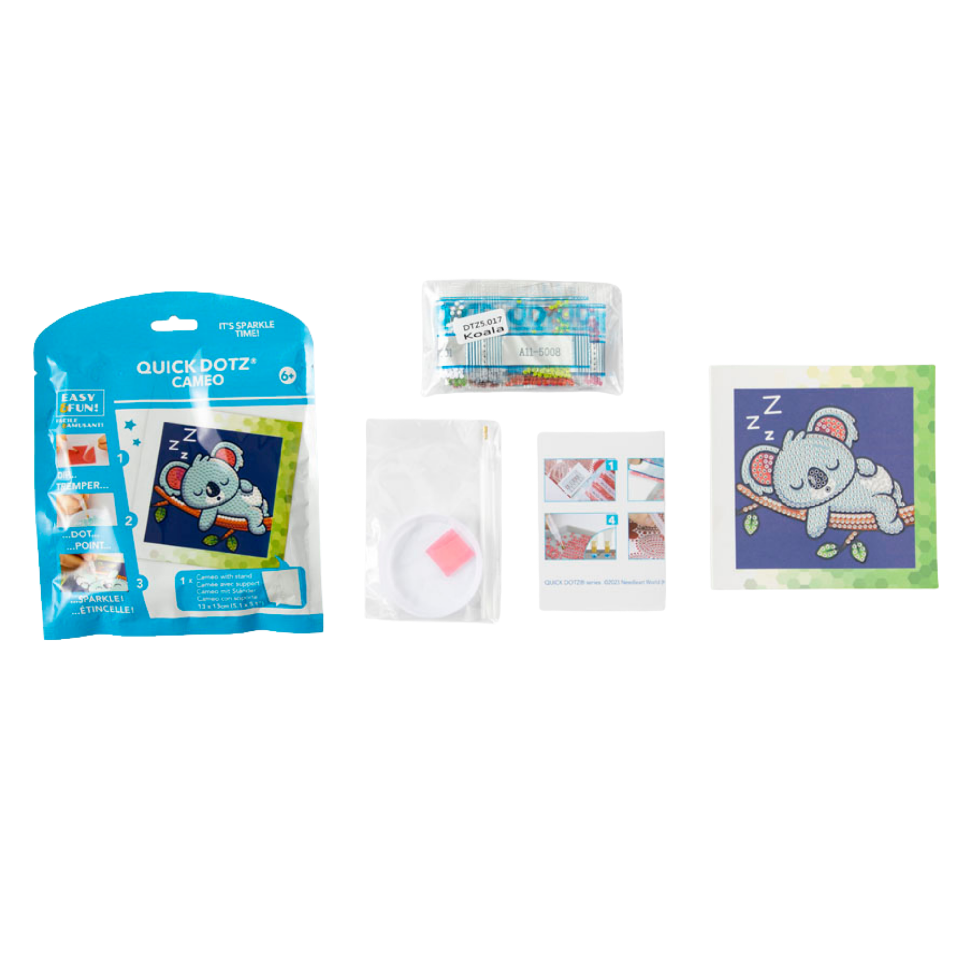 The Diamond Dotz Koala kit features a sleeping cartoon koala, comes with colored beads, tools, and an illustrated canvas—ideal for kids’ art activities—shown in its packaging on a white background.