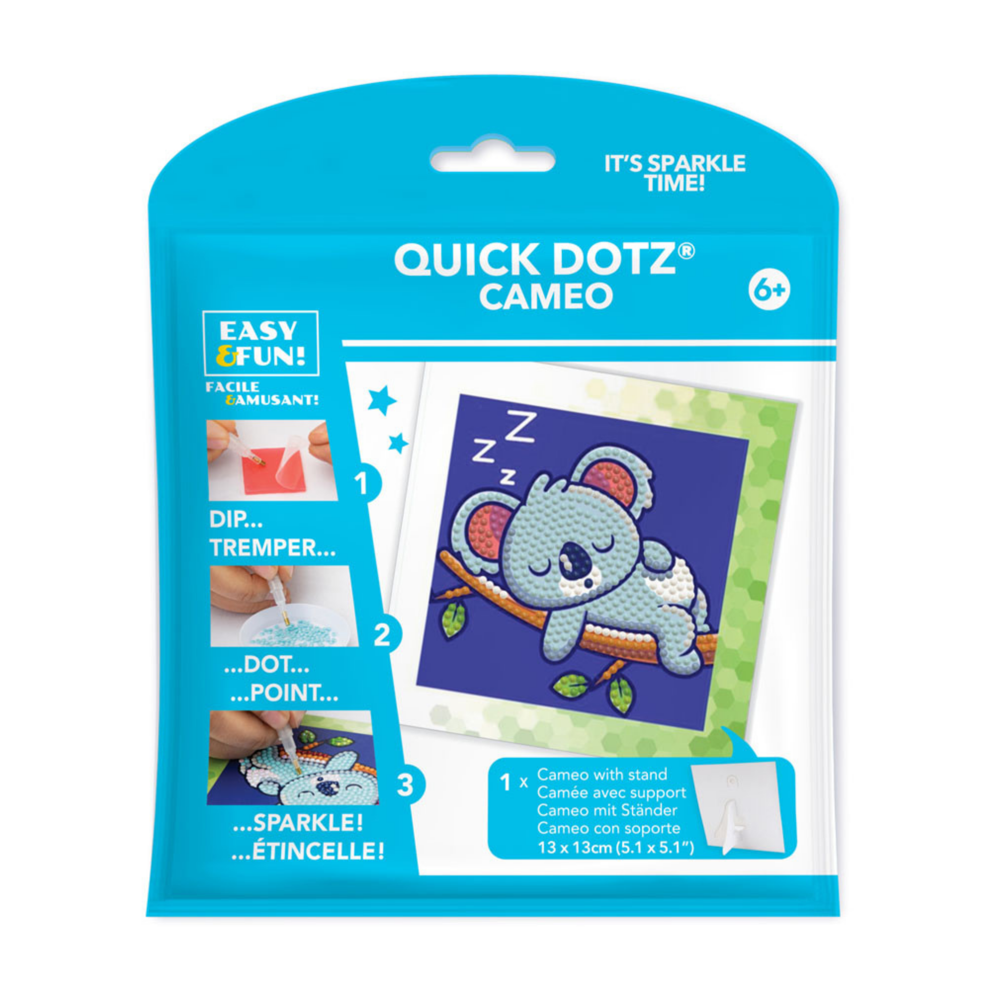 The Diamond Dotz Koala kit is a fun kids' art activity for ages 6+, featuring a blue package with a sleeping koala project. Includes 1 cameo (13 x 13 cm) with stand. Steps: dip, dot, and sparkle to create your art!.