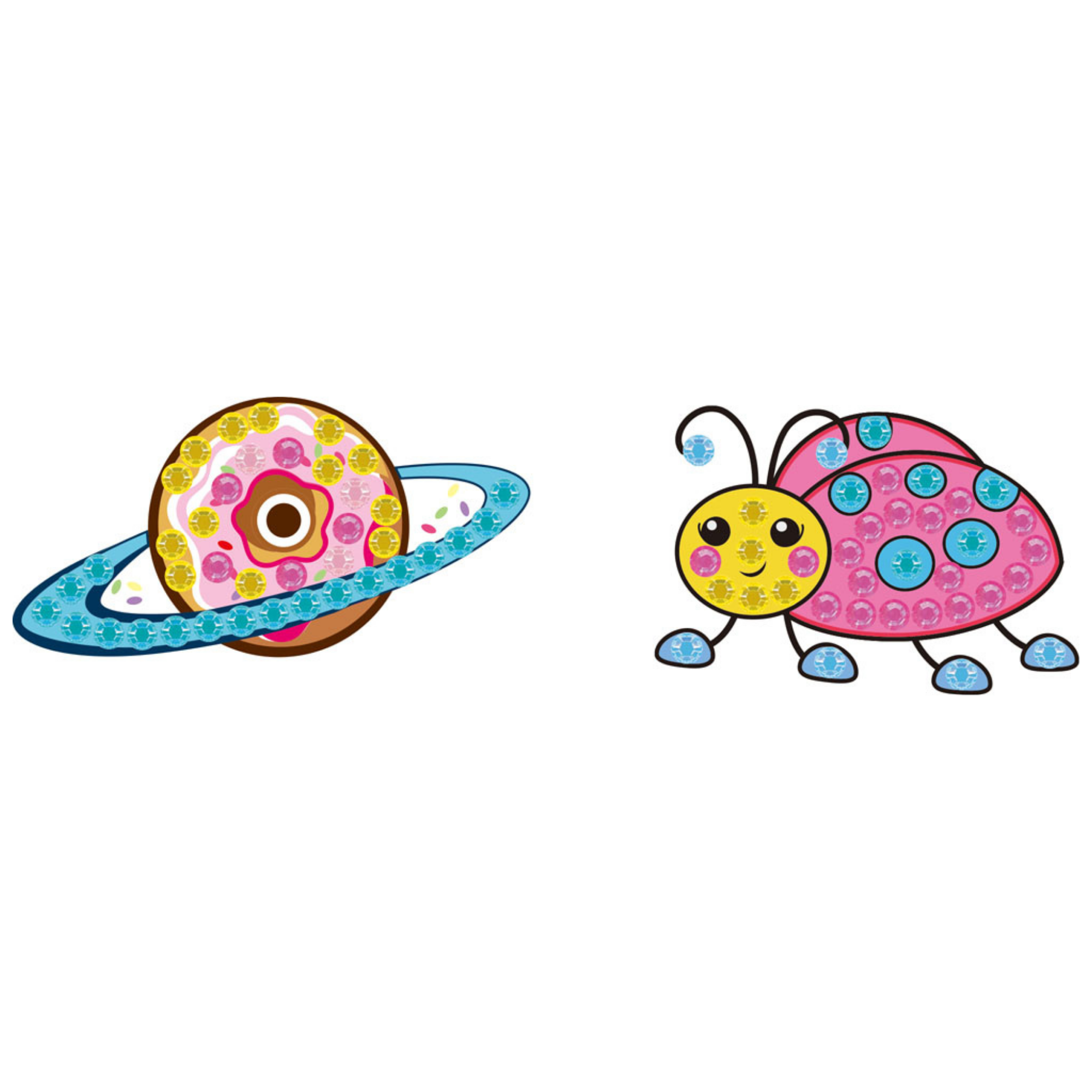 Colorful cartoon ladybug with a donut-shaped planet on a white background