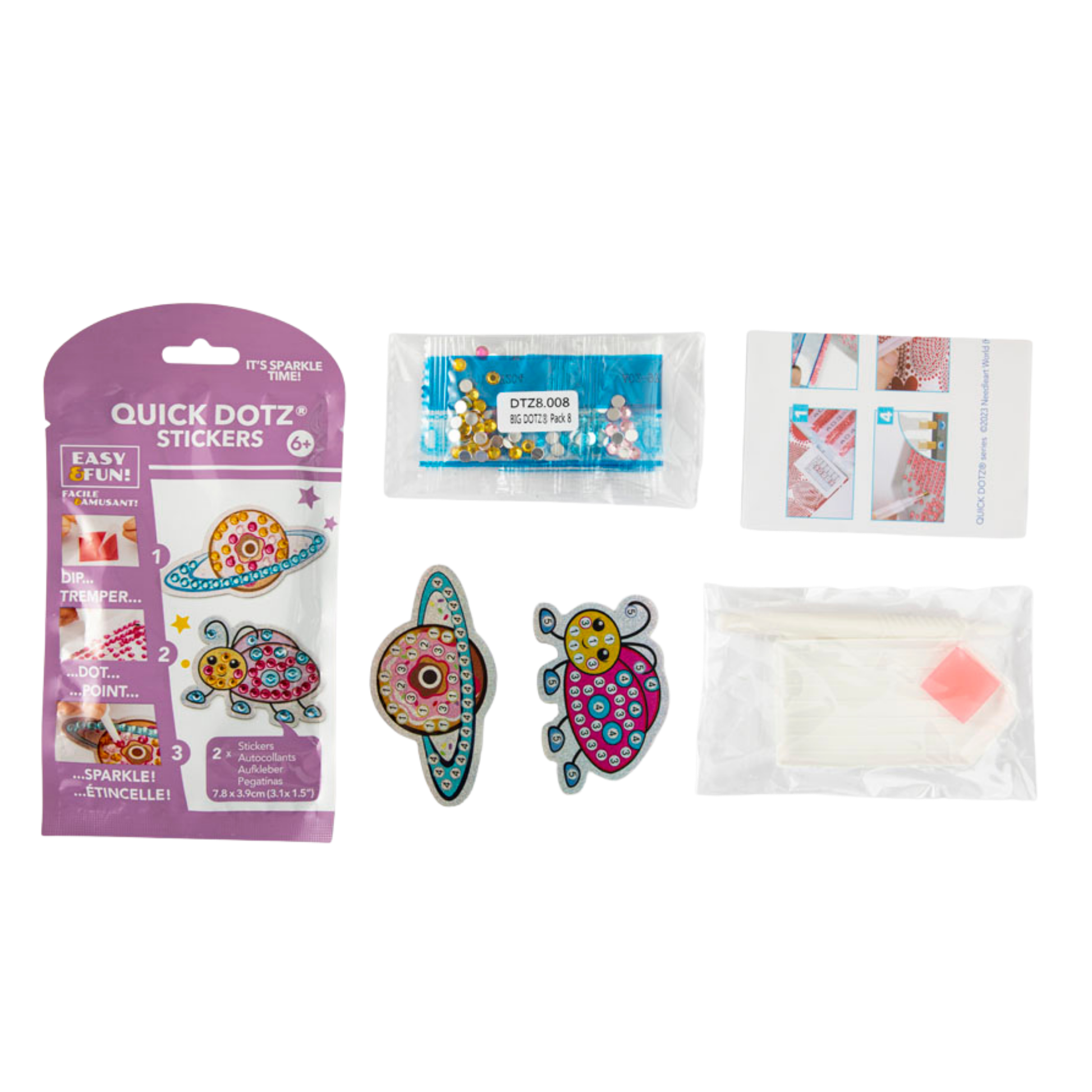 Quick Dotz stickers packaging with colorful stickers on a white background