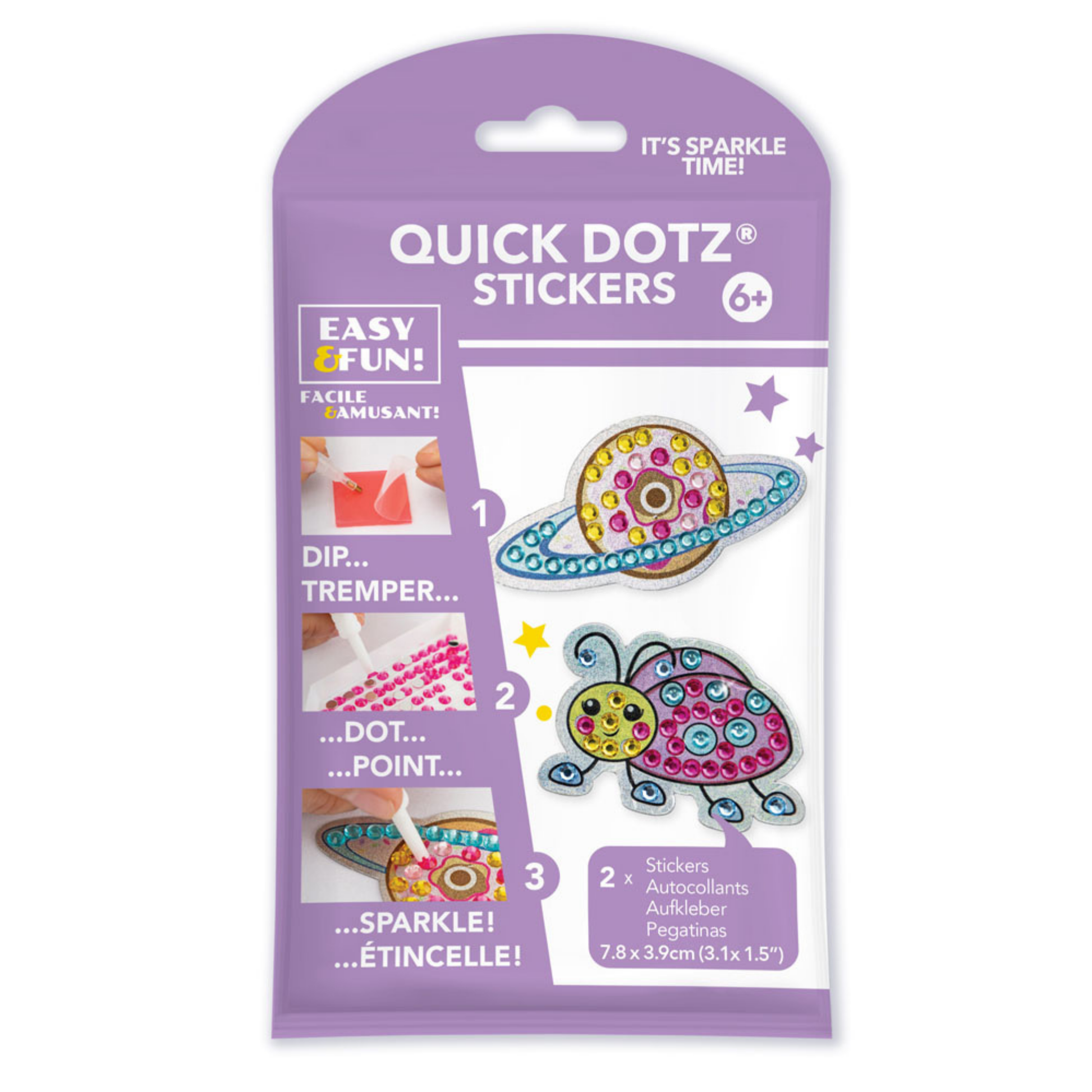 Quick Dotz Stickers packaging with two colorful stickers on a purple background